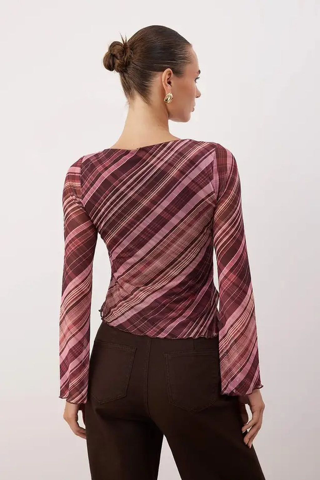 Shawl Print Boat Neck Asymmetric Detail Fitted Long Sleeve Mesh Blouse