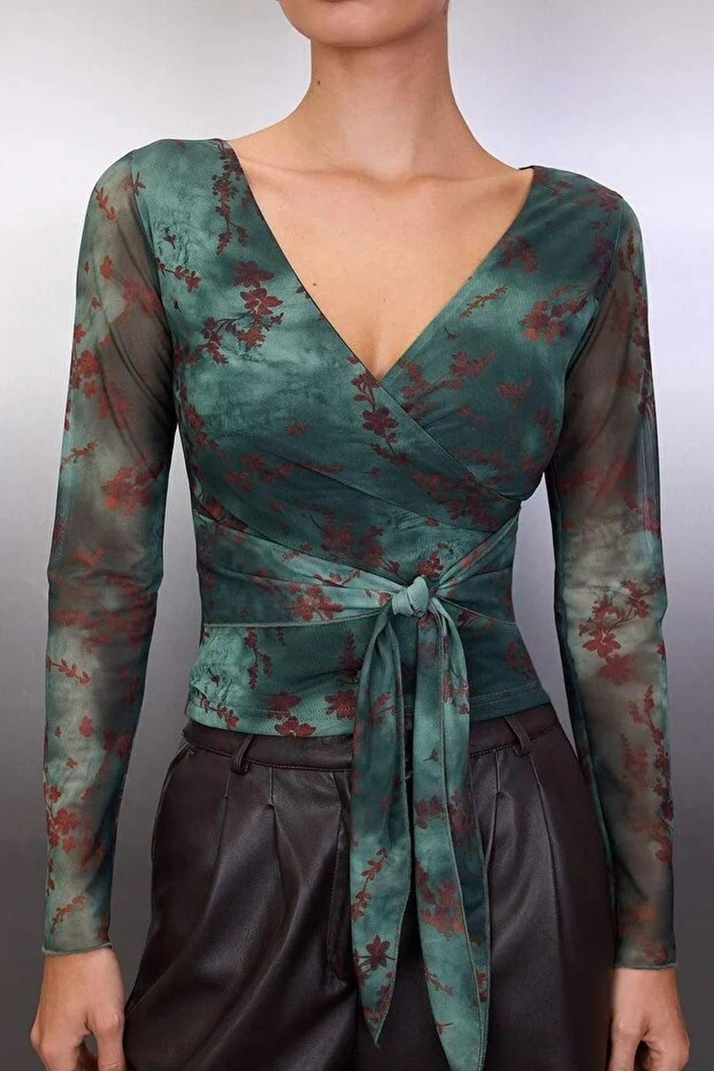 Abstract Floral Wrap Fitted Tulle Knit Blouse