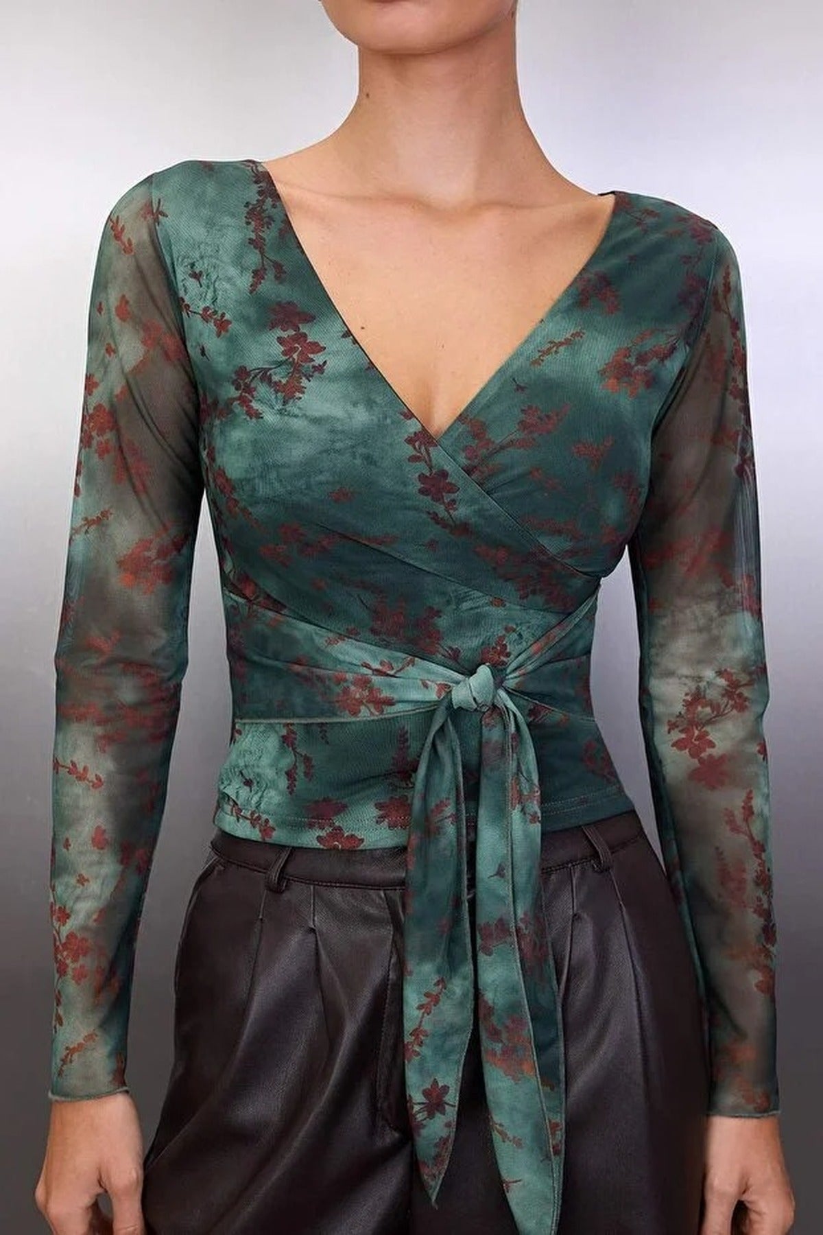 Abstract Floral Wrap Fitted Tulle Knit Blouse