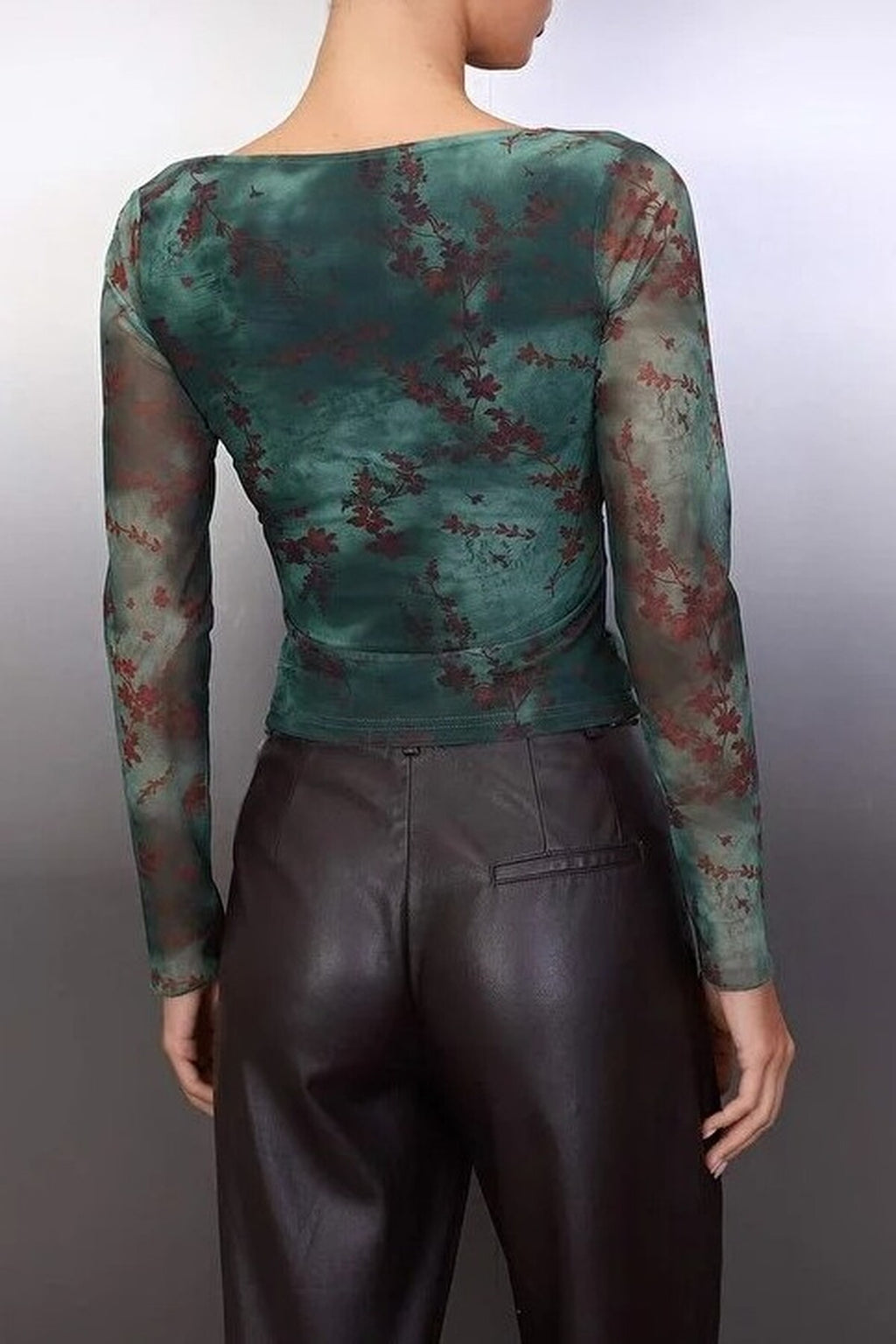 Abstract Floral Wrap Fitted Tulle Knit Blouse