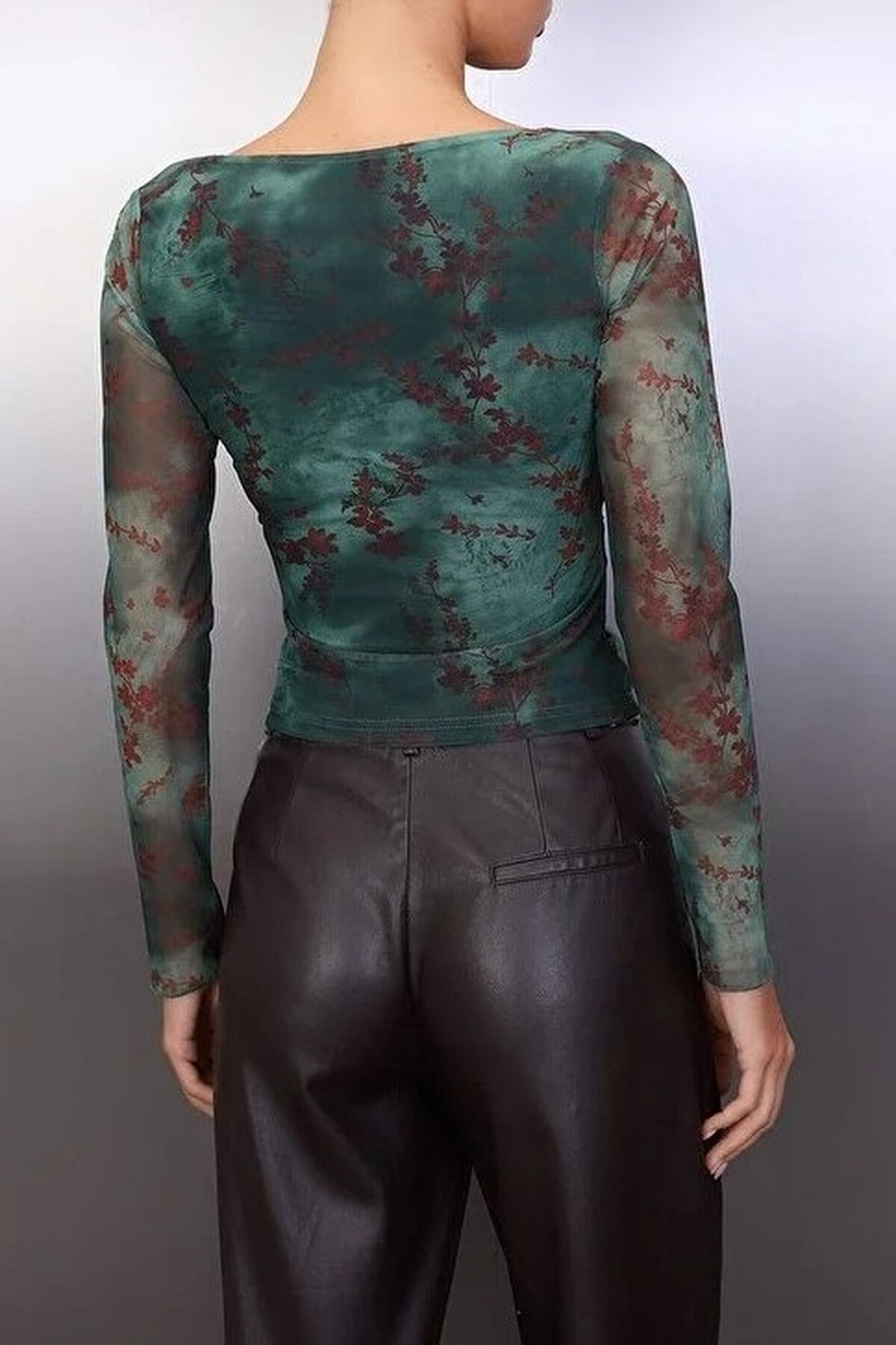 Abstract Floral Wrap Fitted Tulle Knit Blouse