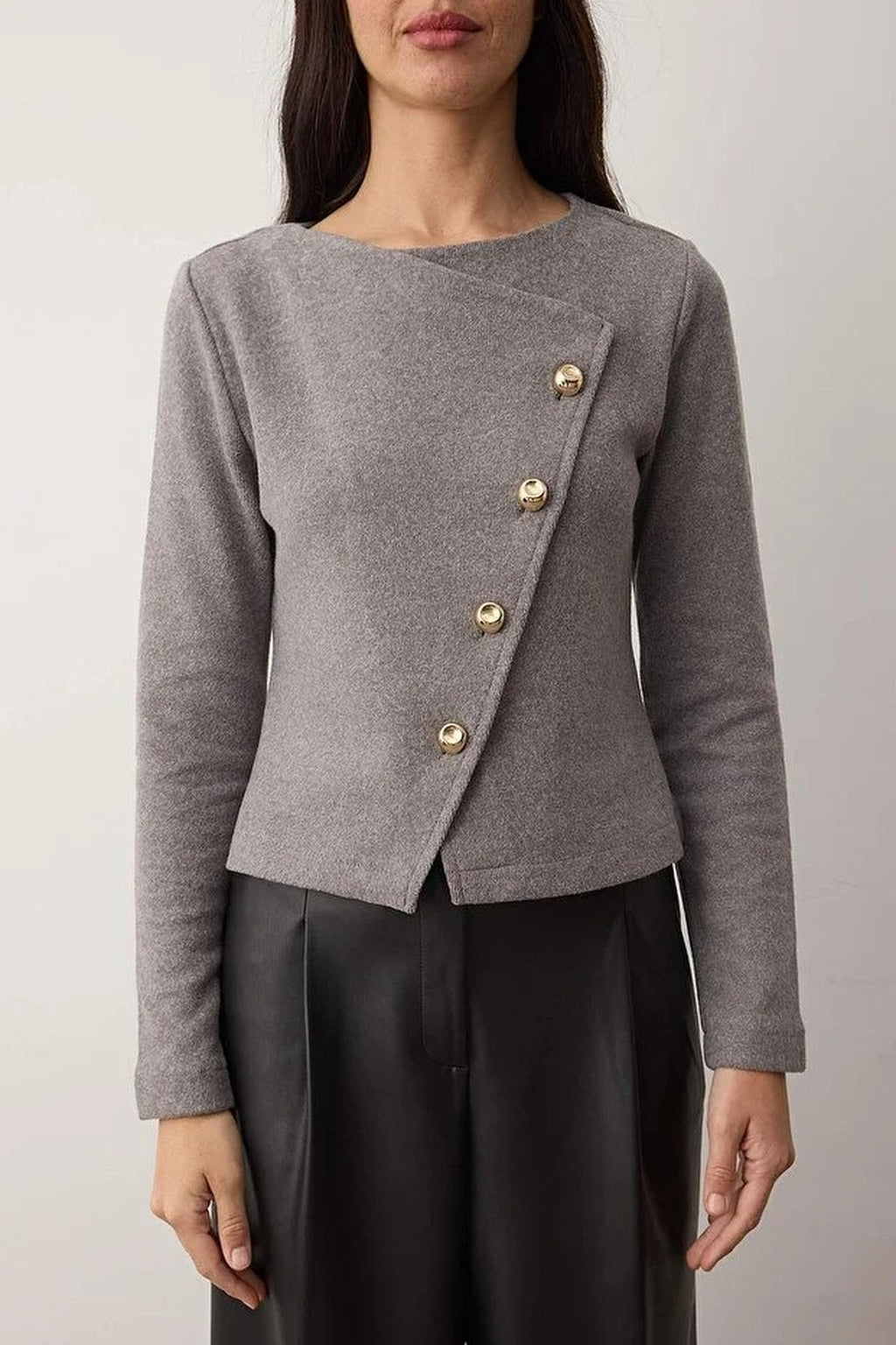 Asymmetric Button Detail Regular Knit Blouse