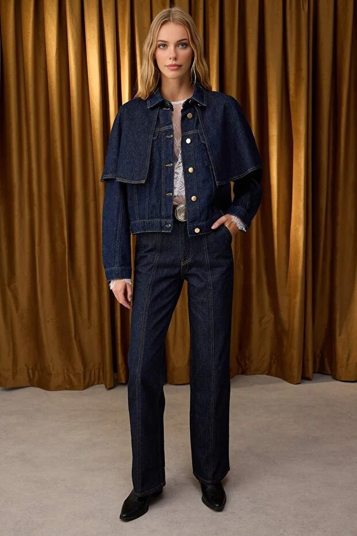 Denim Poncho Jacket with Detachable Cape