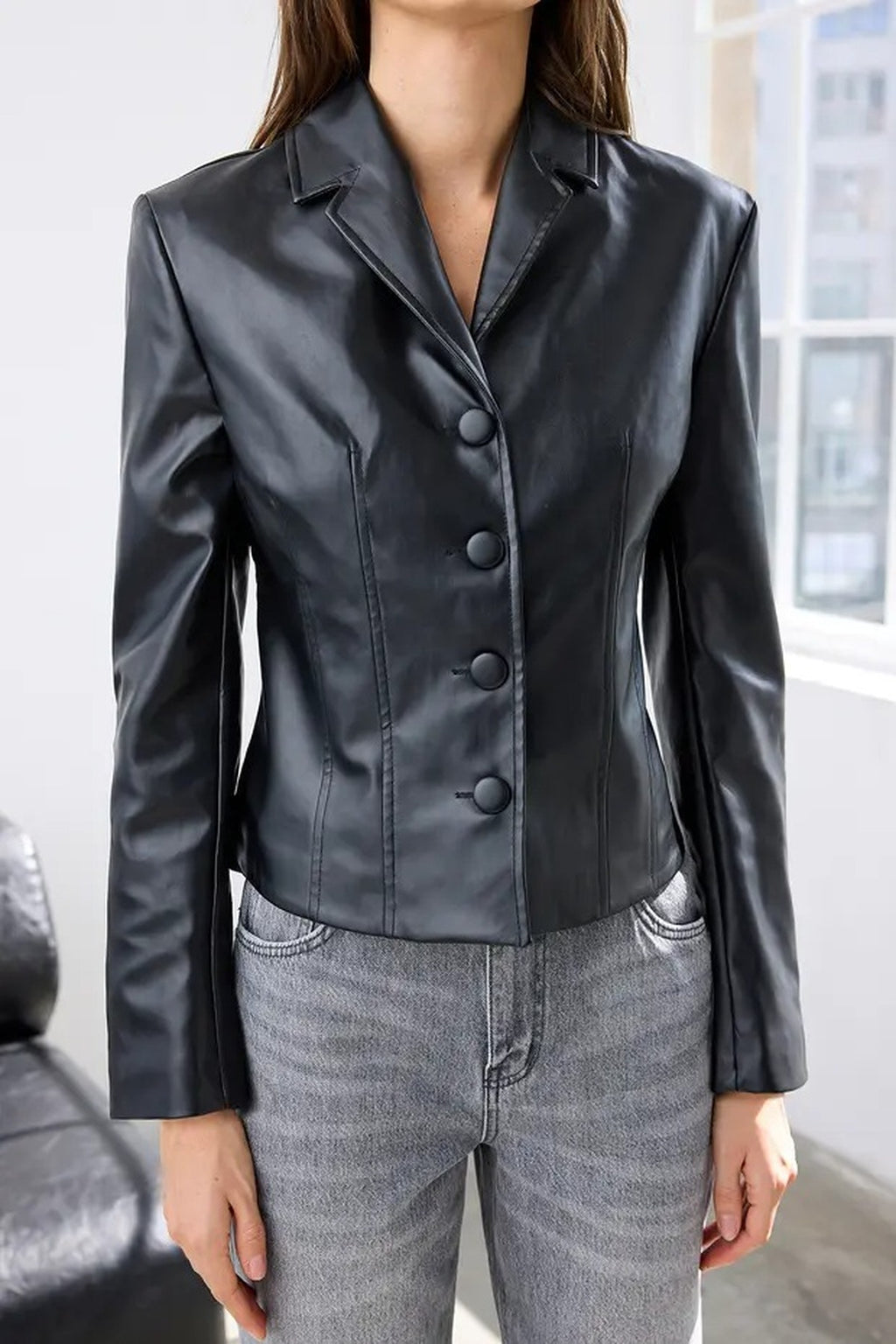 Faux Leather Fitted Jacket with Button Closure