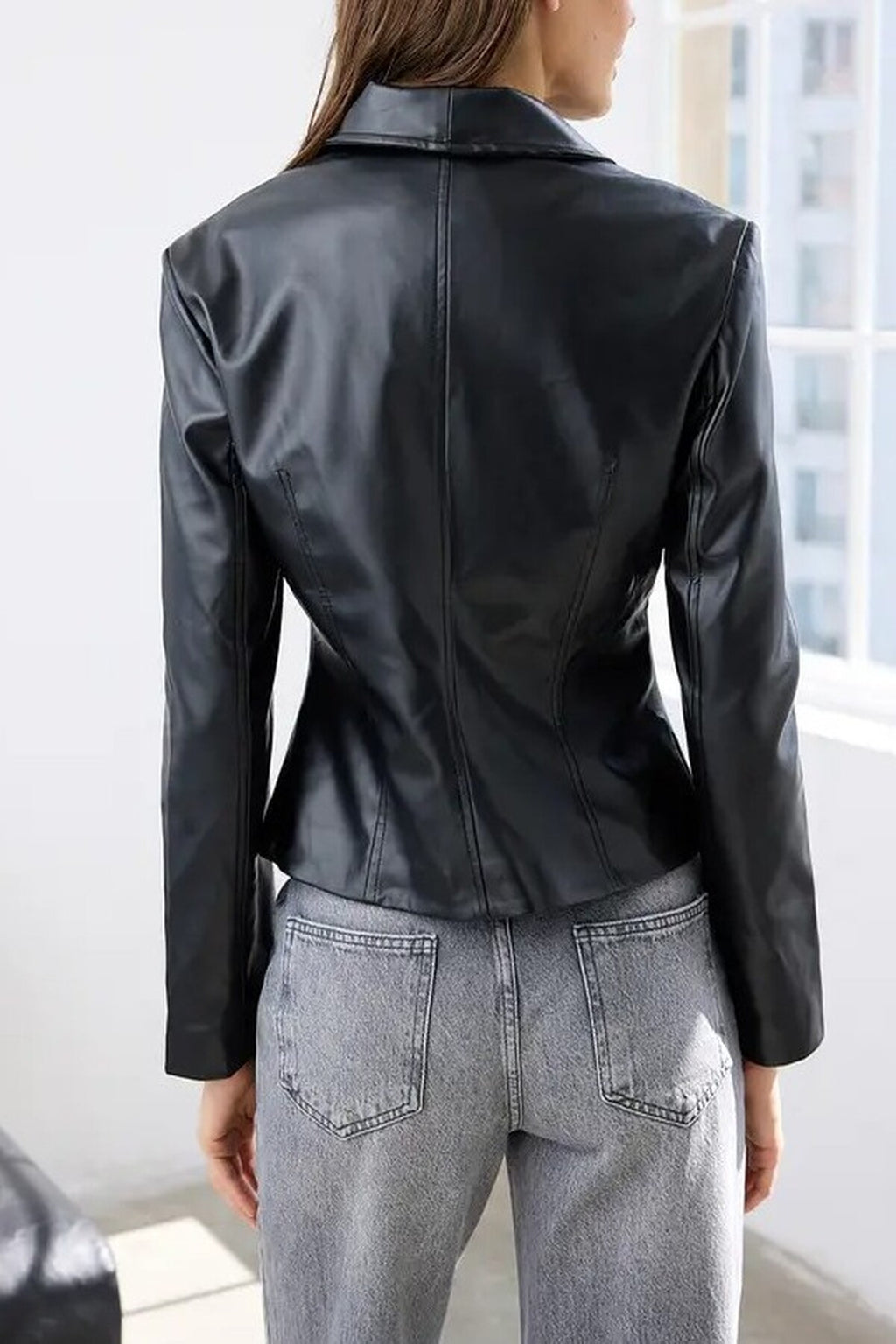 Faux Leather Fitted Jacket with Button Closure