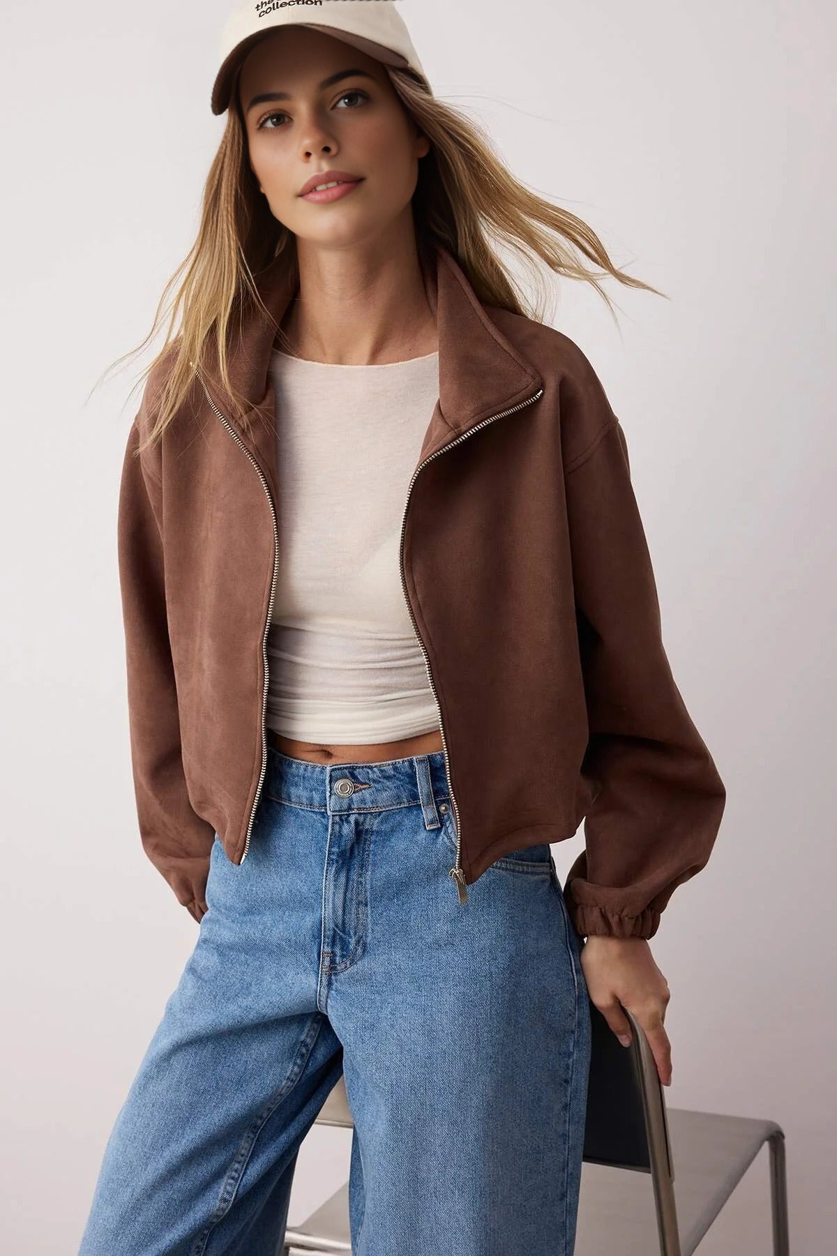 Zip-Up Unlined Regular Fit Knitted Suede Jacket