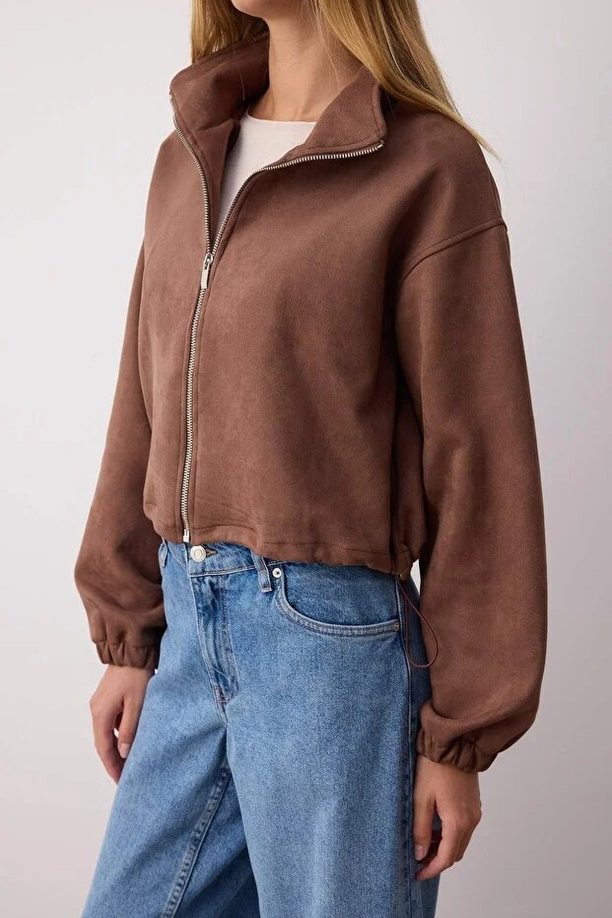 Zip-Up Unlined Regular Fit Knitted Suede Jacket