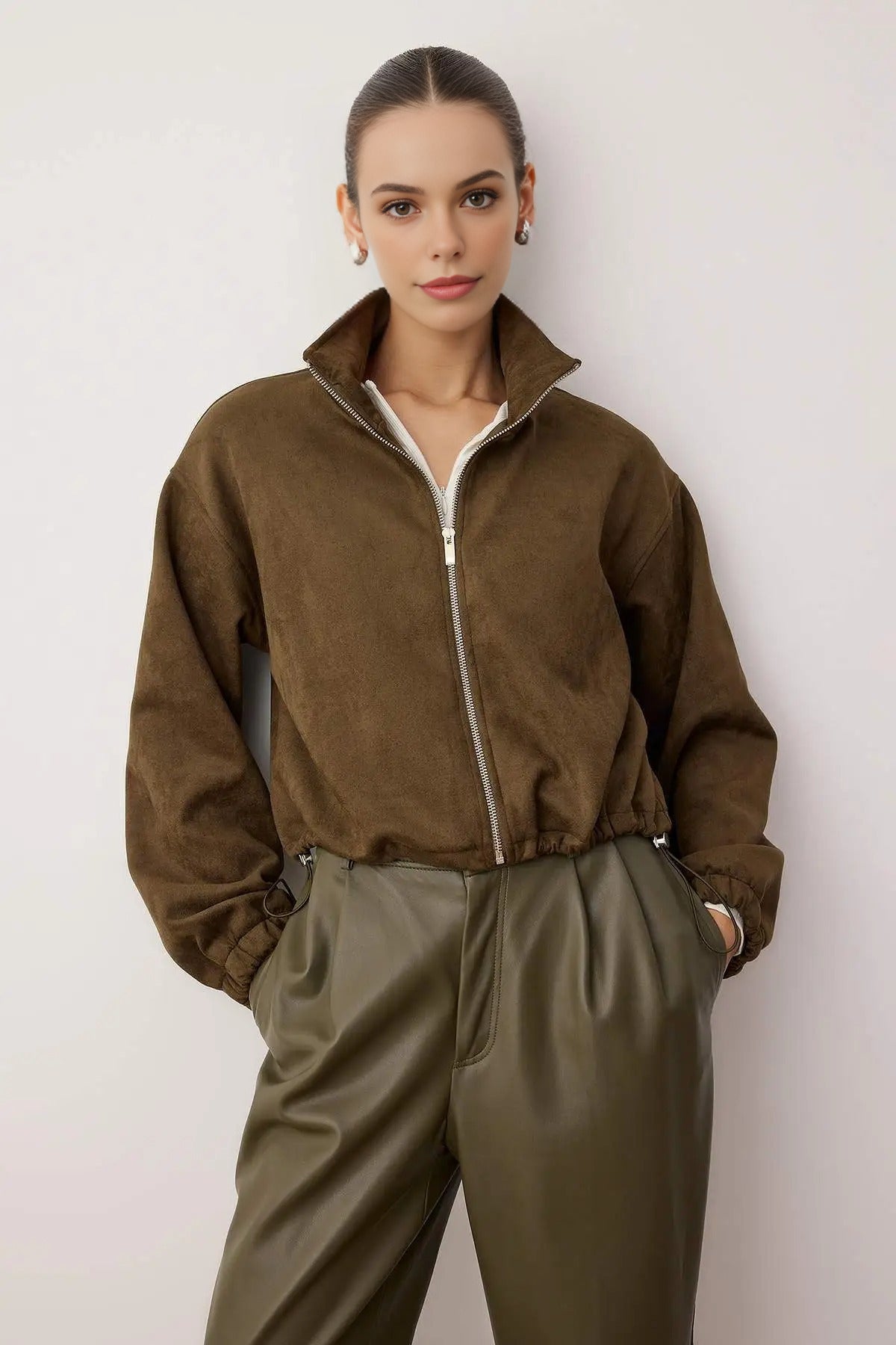 Zip-Up Unlined Regular Fit Knitted Suede Jacket