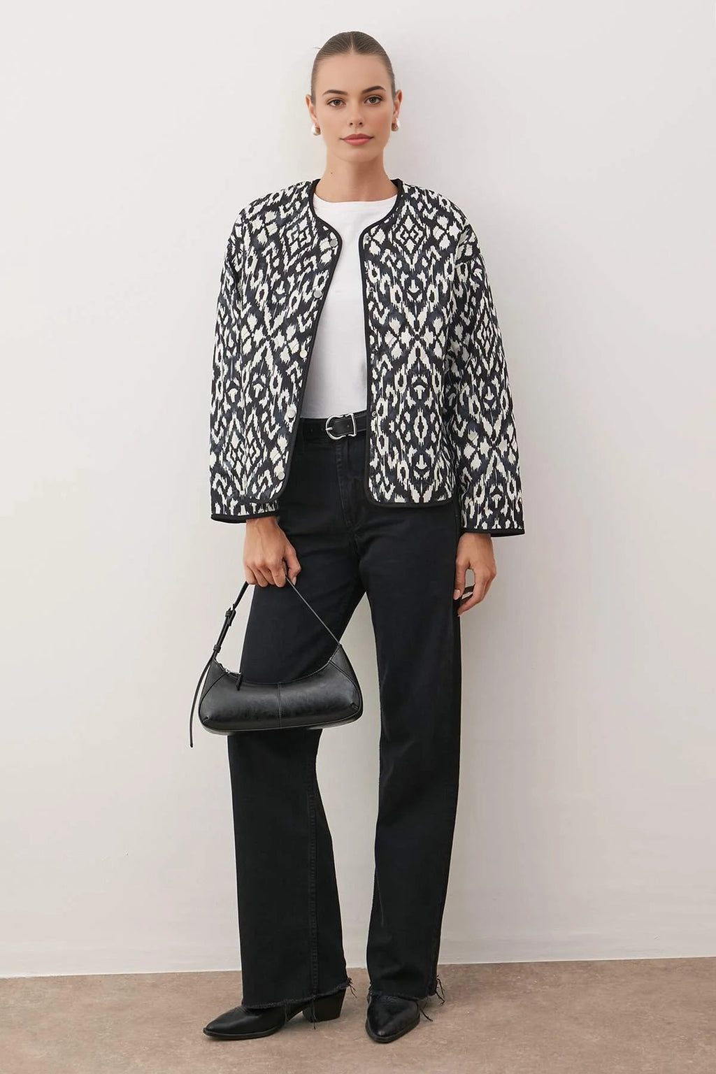 Abstract Pattern Quilted Look Basic Snap Button Jacket
