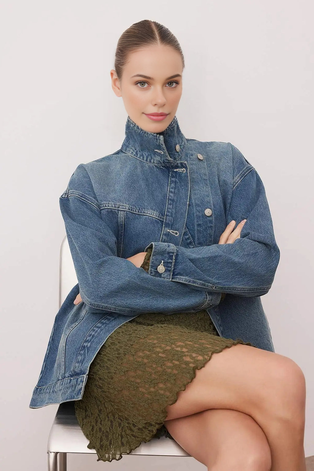 Double-Breasted Stand-Up Collar Denim Jacket