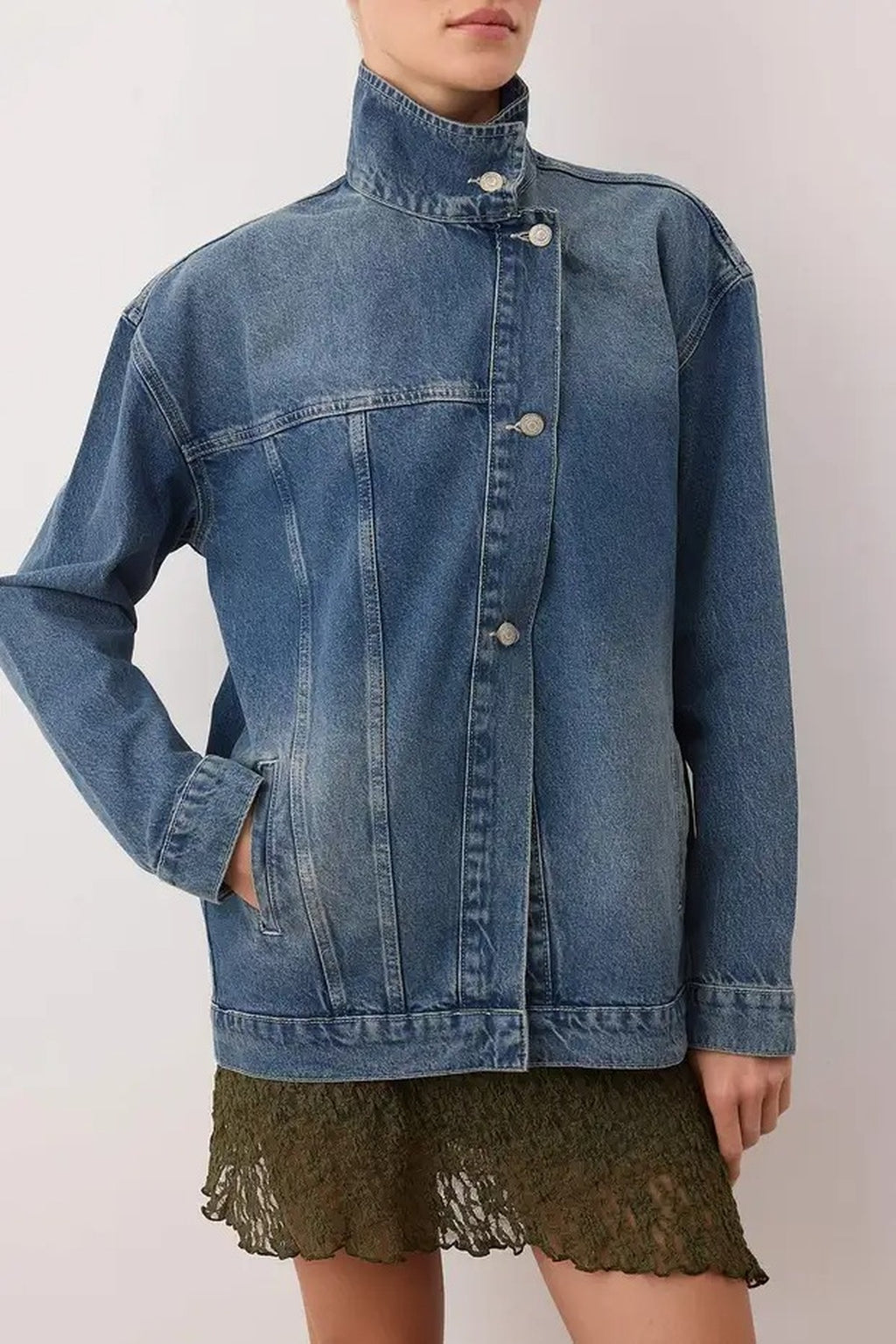 Double-Breasted Stand-Up Collar Denim Jacket