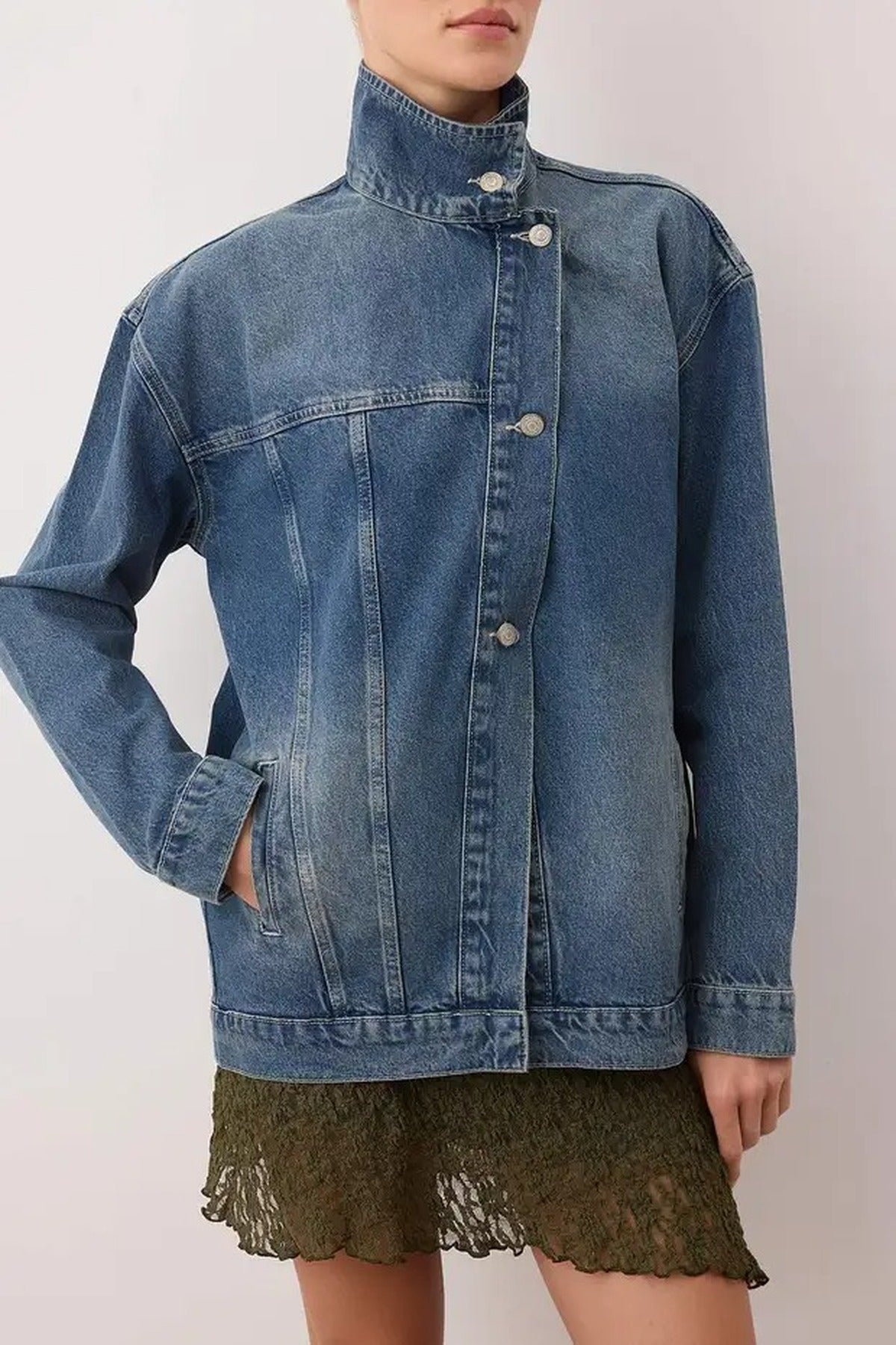 Double-Breasted Stand-Up Collar Denim Jacket