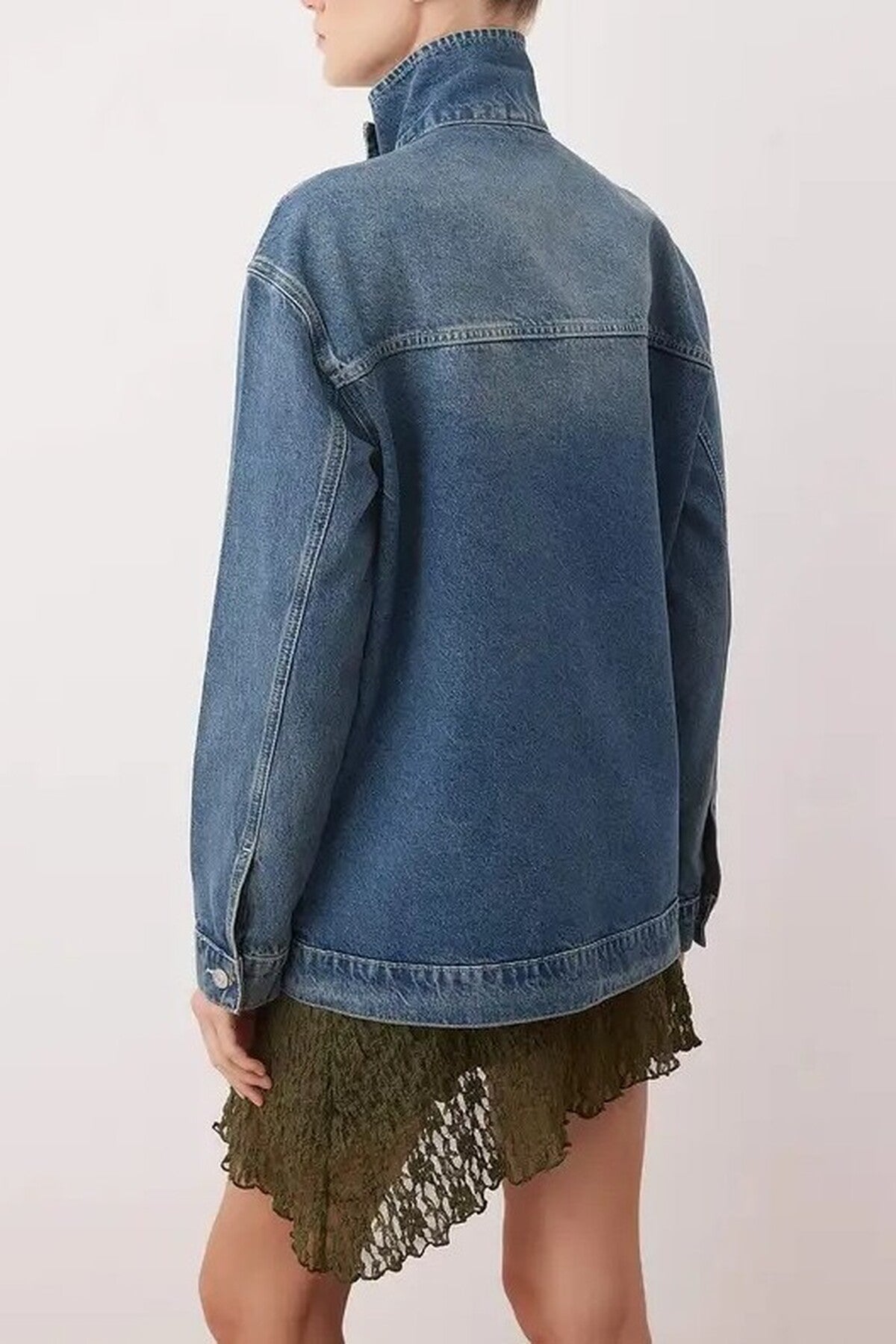 Double-Breasted Stand-Up Collar Denim Jacket