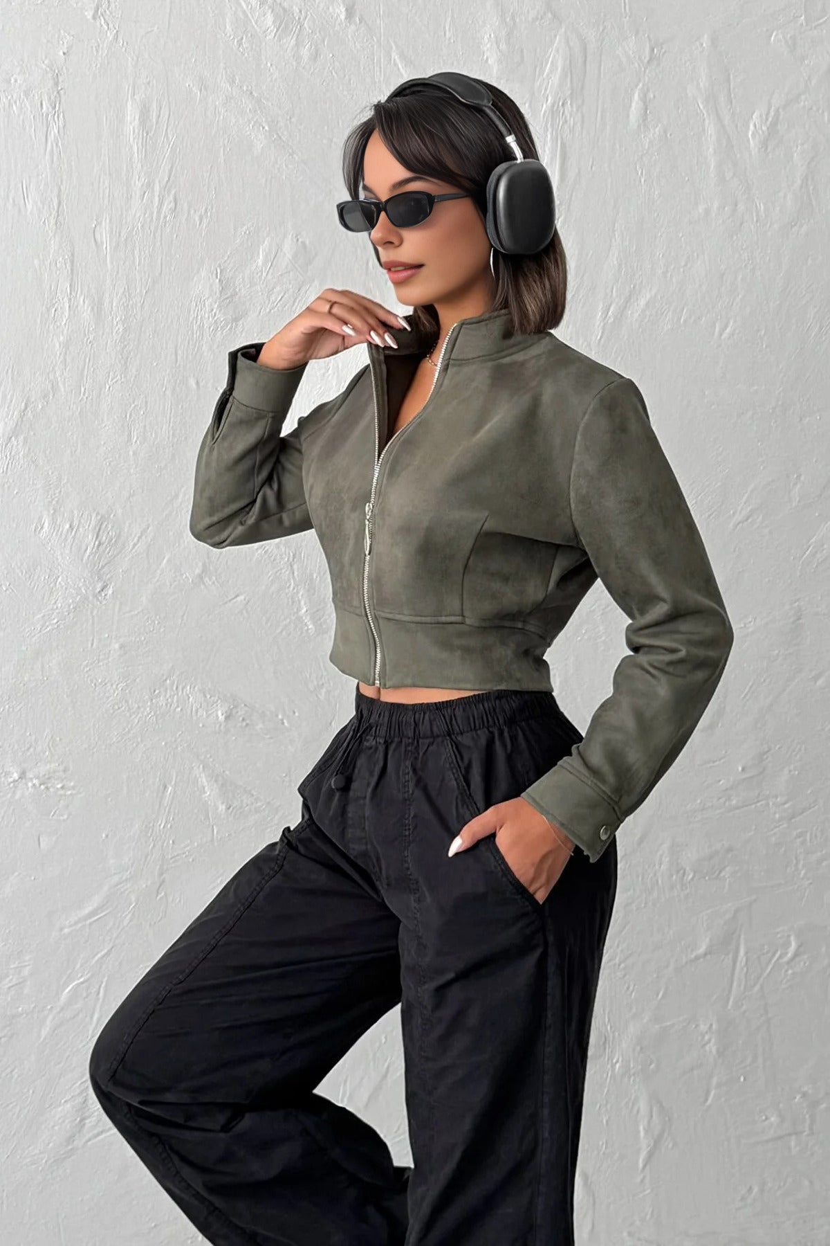 Zip-Up Crop Suede Knit Jacket