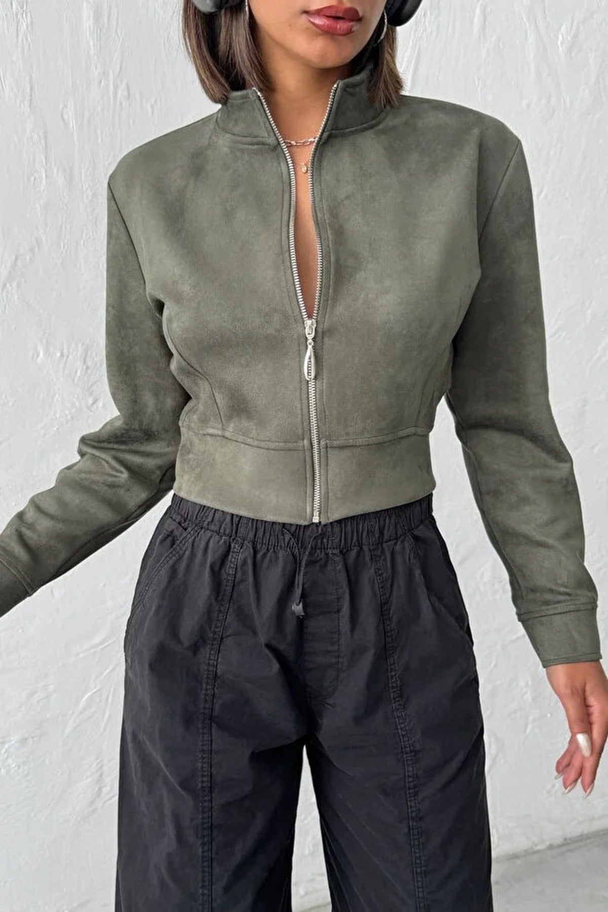 Zip-Up Crop Suede Knit Jacket