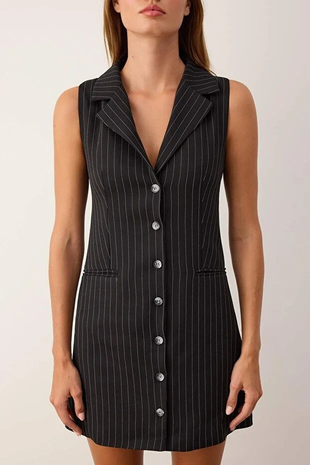 Striped Sleeveless Button Detail Mini Blazer Dress