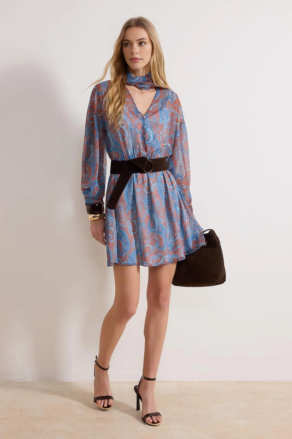 Scarf Detail Suede Belted Mini Woven Dress