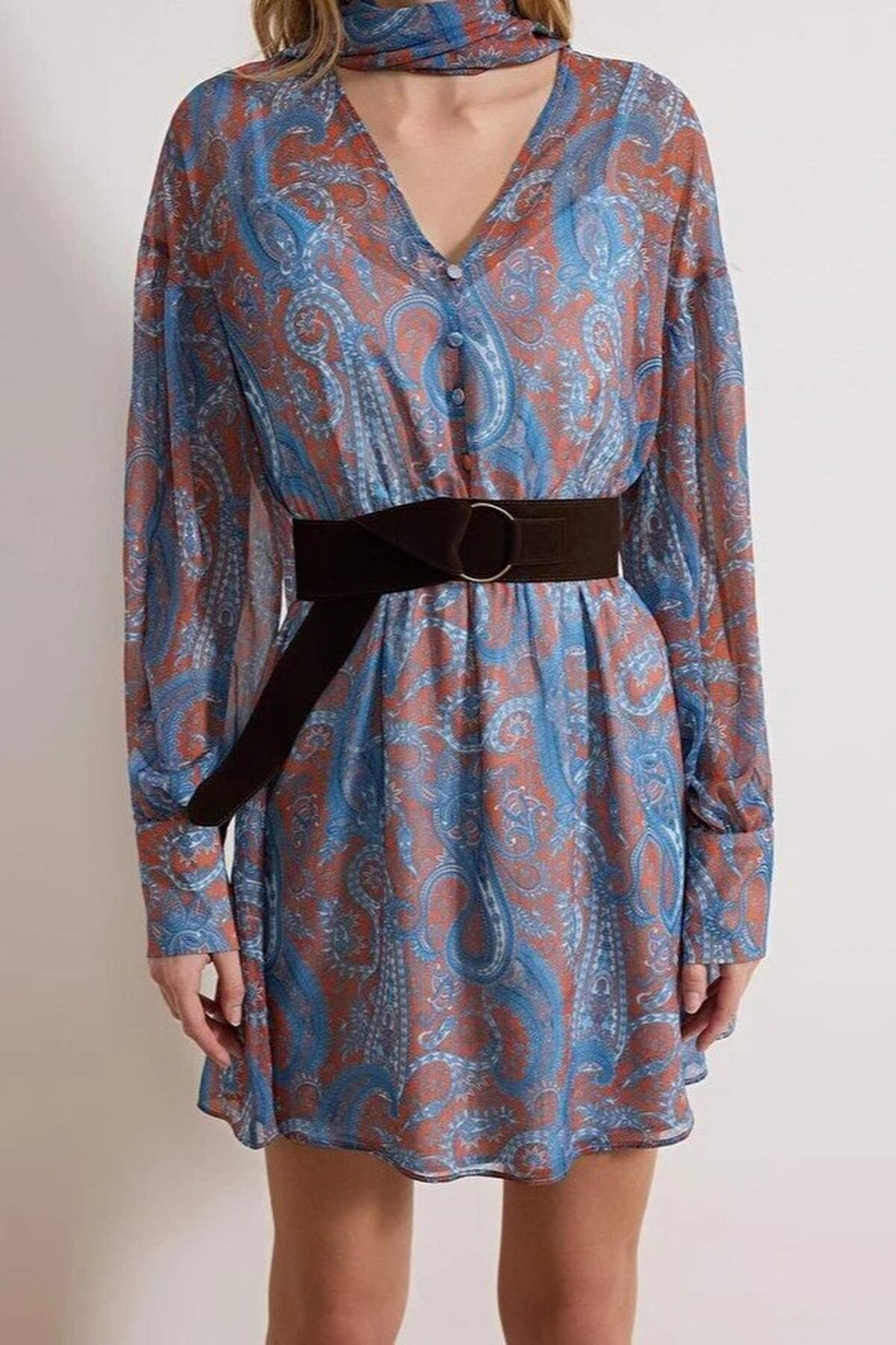 Scarf Detail Suede Belted Mini Woven Dress