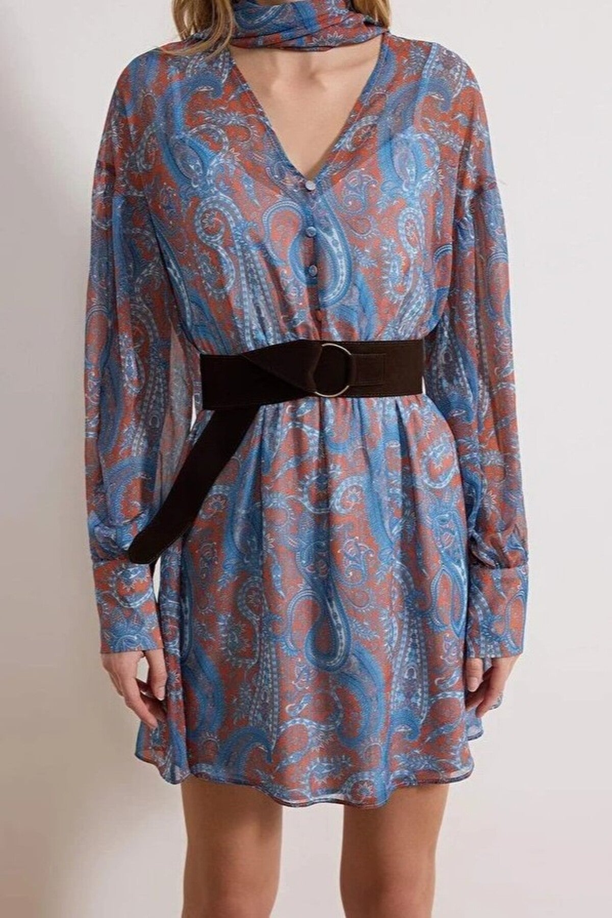 Scarf Detail Suede Belted Mini Woven Dress