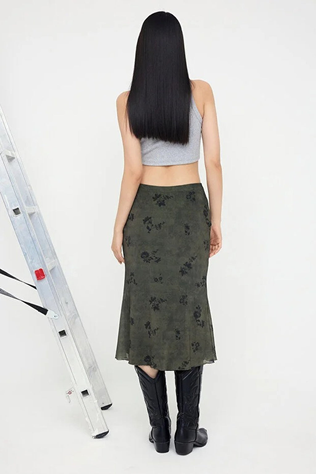 Floral Print Bodycon Tulle Stretch Knit Skirt