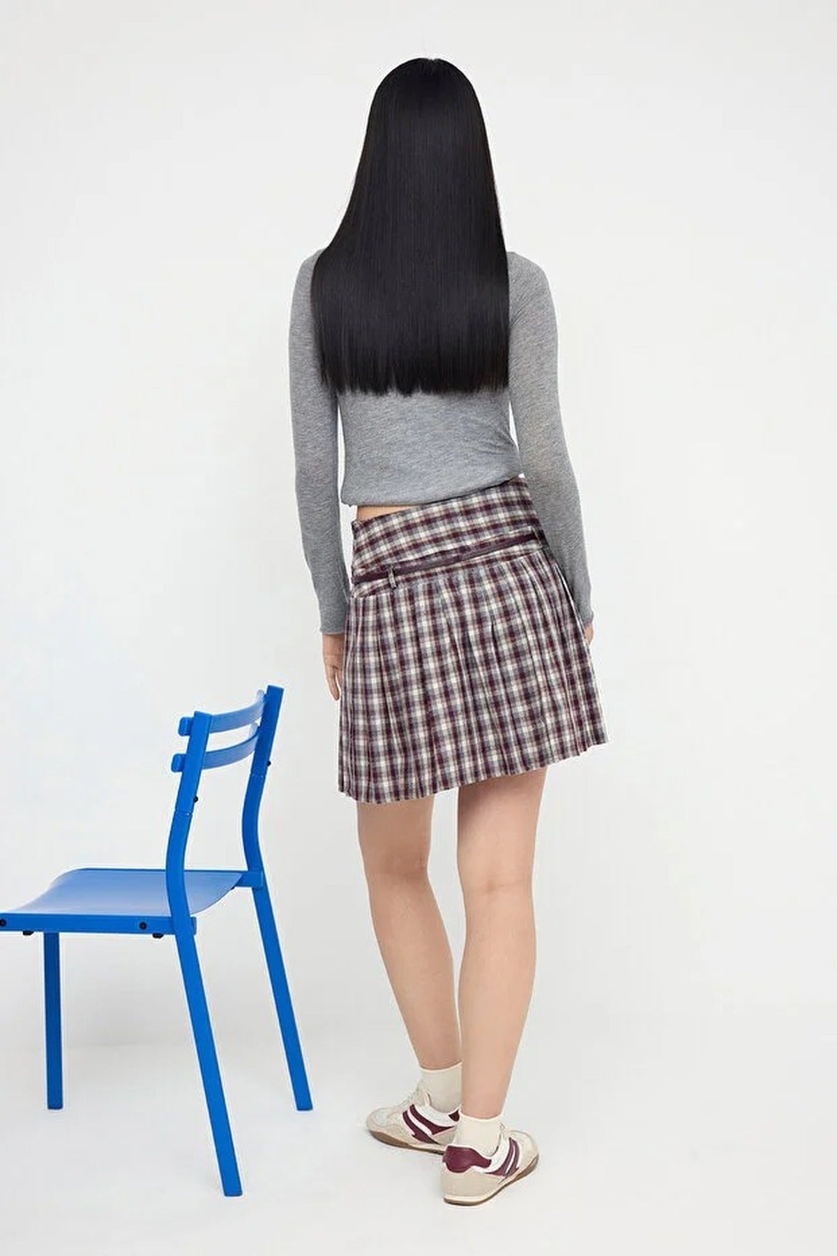 Belted Checked Pleated Mini Skirt