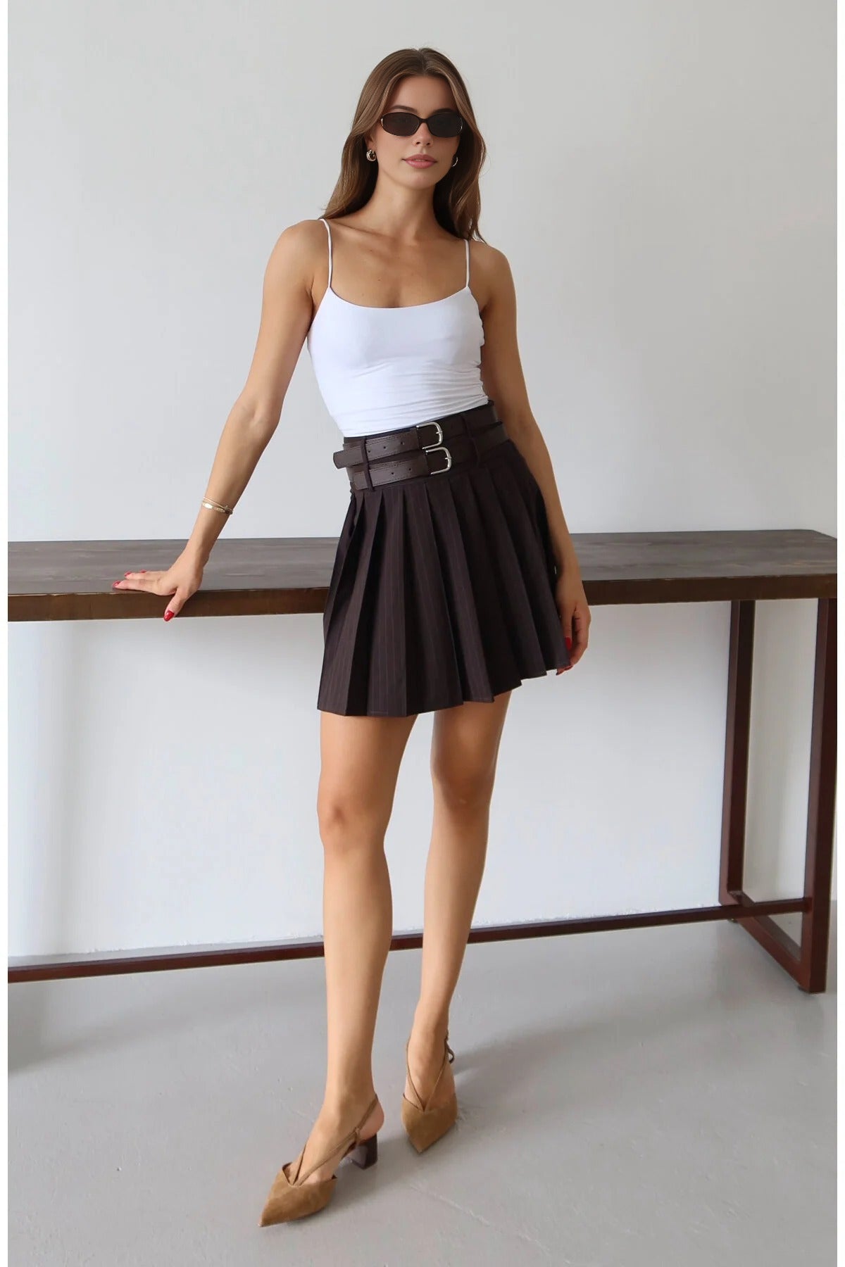 Double Belt Pleated Mini Woven Skirt