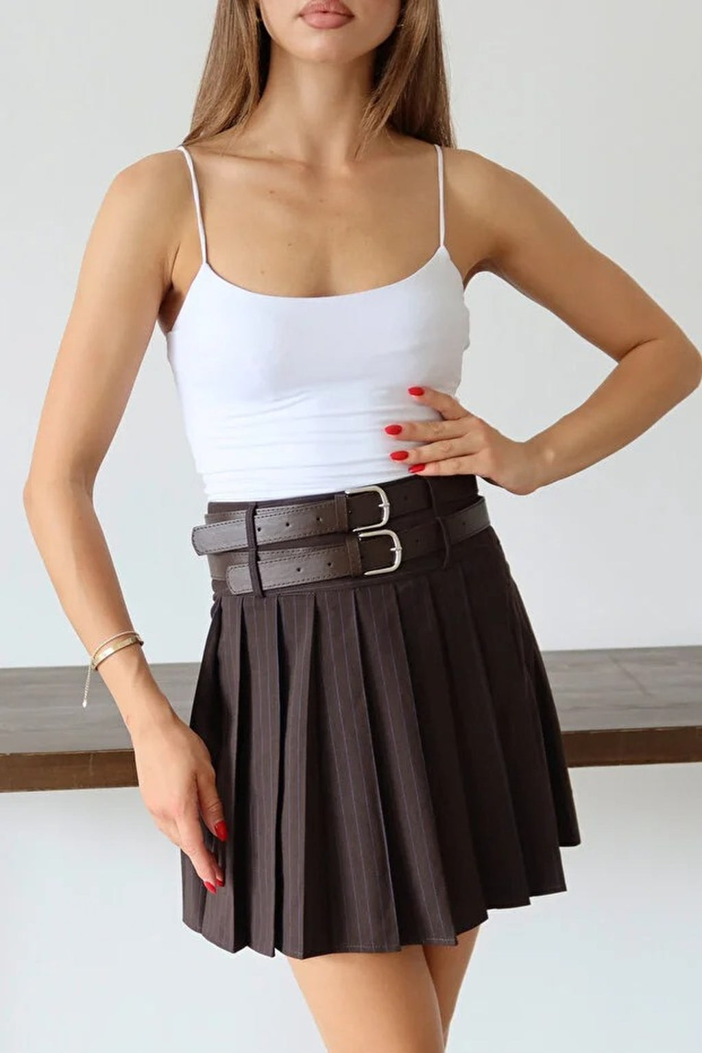 Double Belt Pleated Mini Woven Skirt