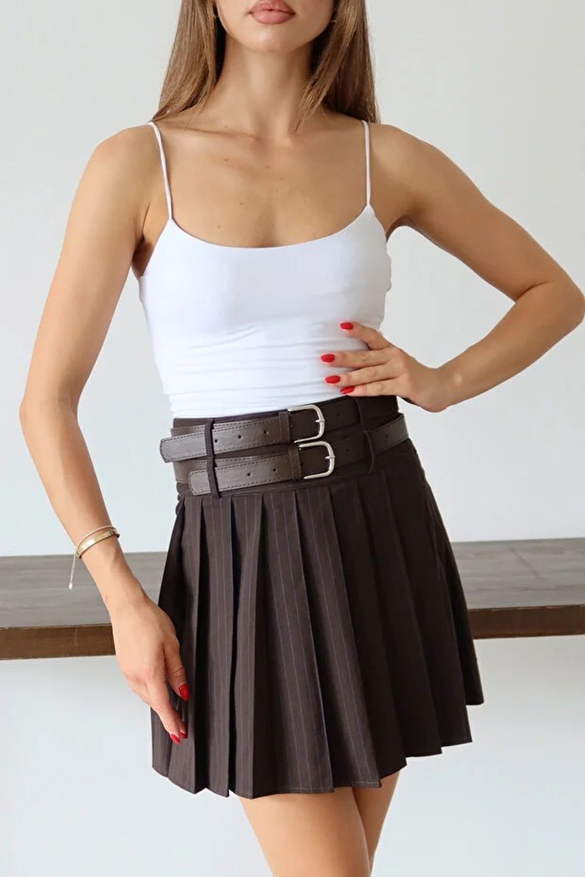 Double Belt Pleated Mini Woven Skirt