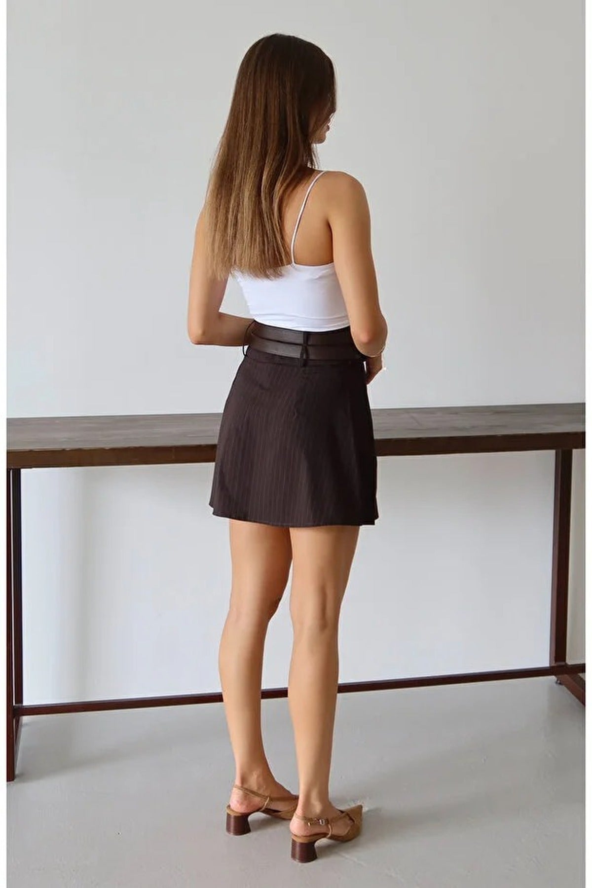 Double Belt Pleated Mini Woven Skirt