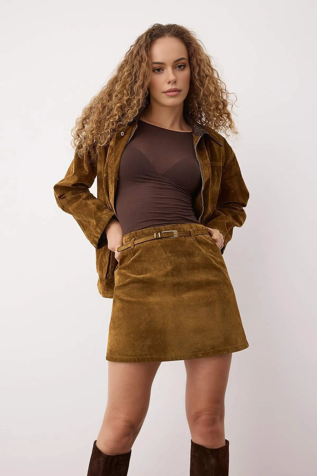 Suede Look Mini Denim Skirt with Belt Detail