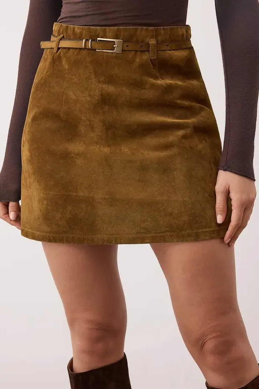 Suede Look Mini Denim Skirt with Belt Detail