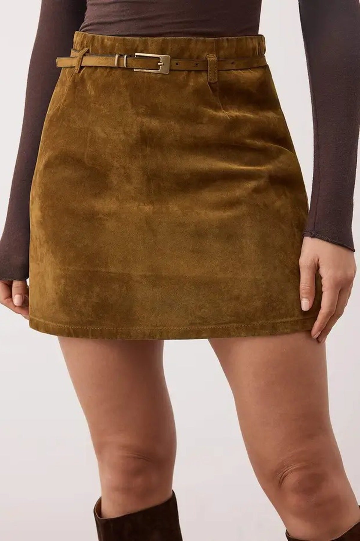 Suede Look Mini Denim Skirt with Belt Detail