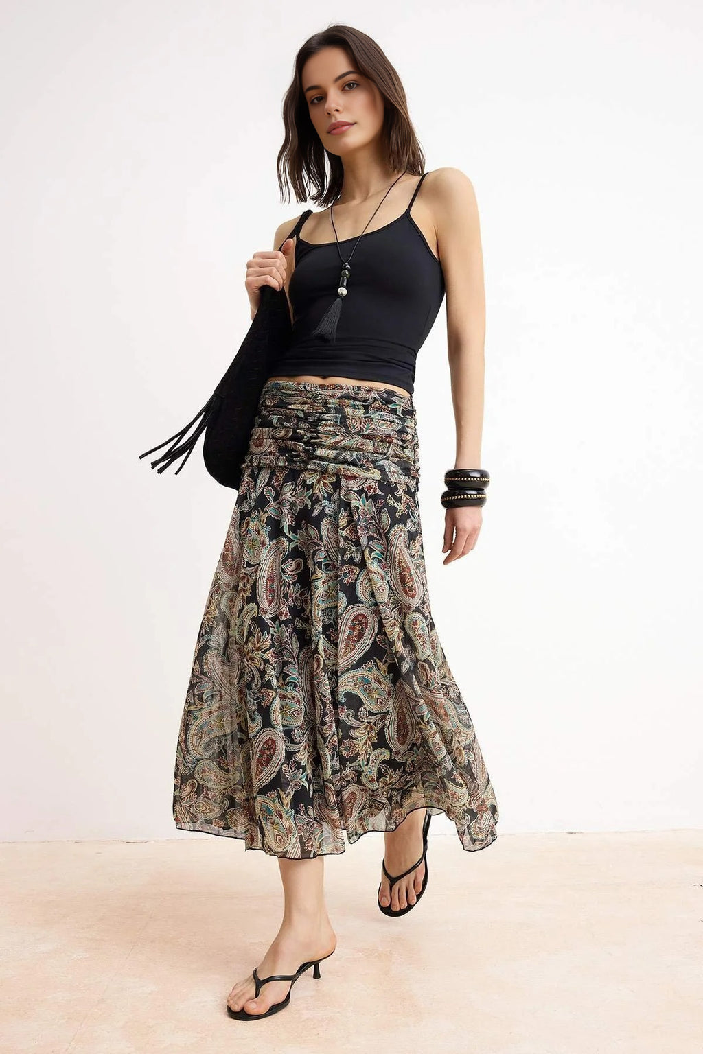 Maxi Gathered Boho Chic Printed Tulle Stretch Knit Skirt