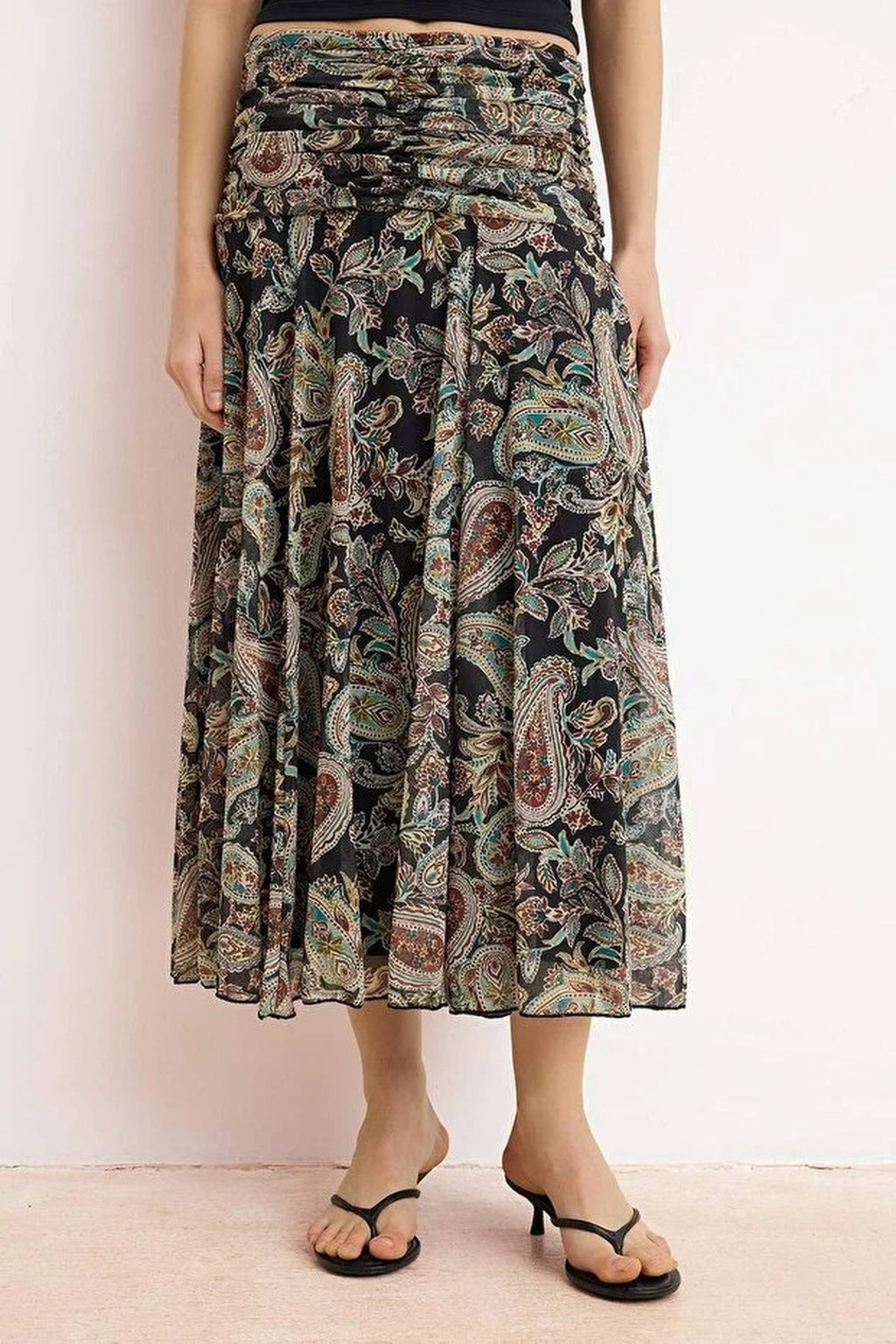 Maxi Gathered Boho Chic Printed Tulle Stretch Knit Skirt