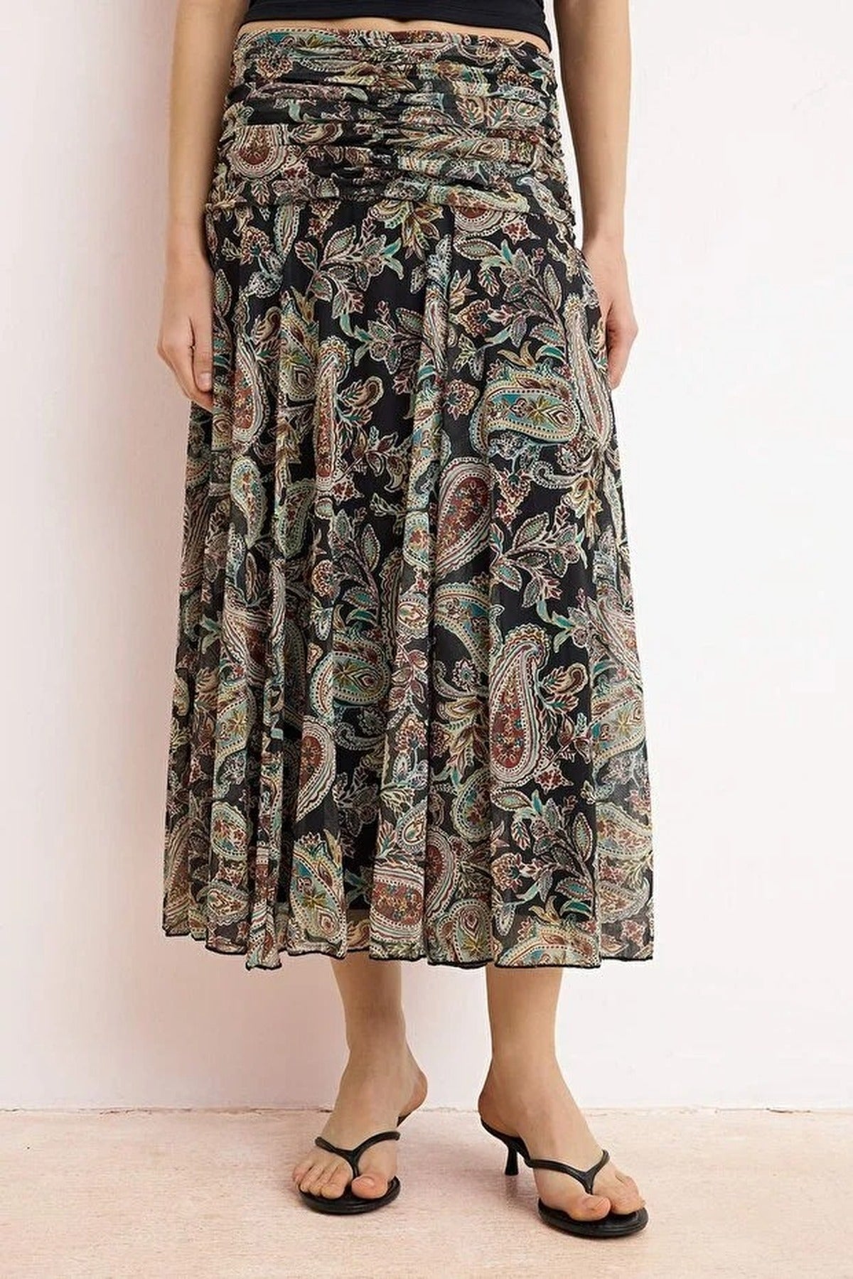 Maxi Gathered Boho Chic Printed Tulle Stretch Knit Skirt