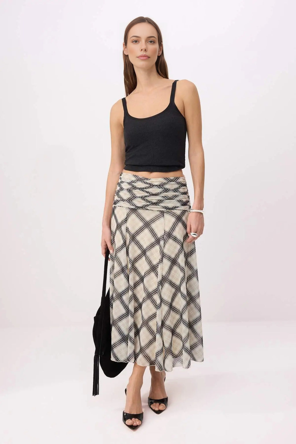 Maxi Gathered Boho Chic Printed Tulle Stretch Knit Skirt