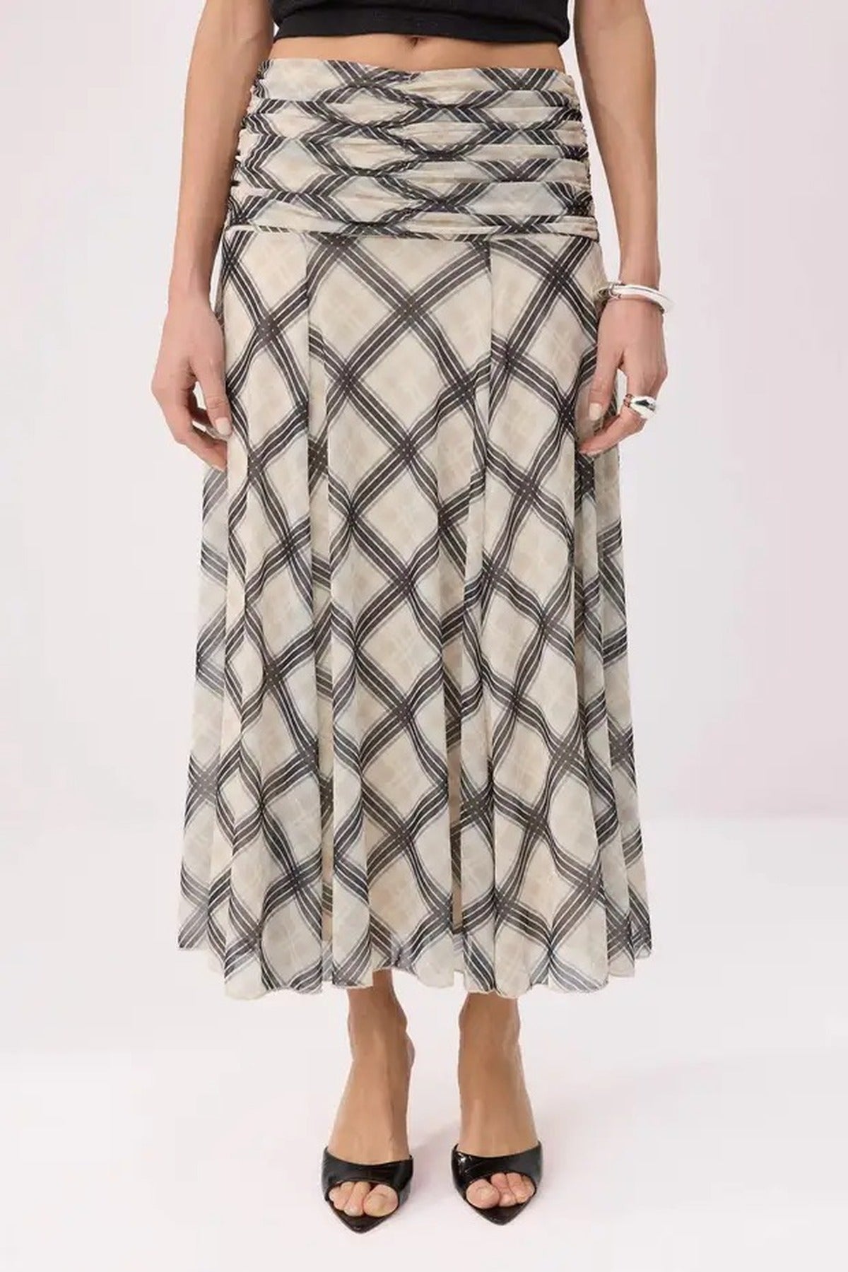 Maxi Gathered Boho Chic Printed Tulle Stretch Knit Skirt