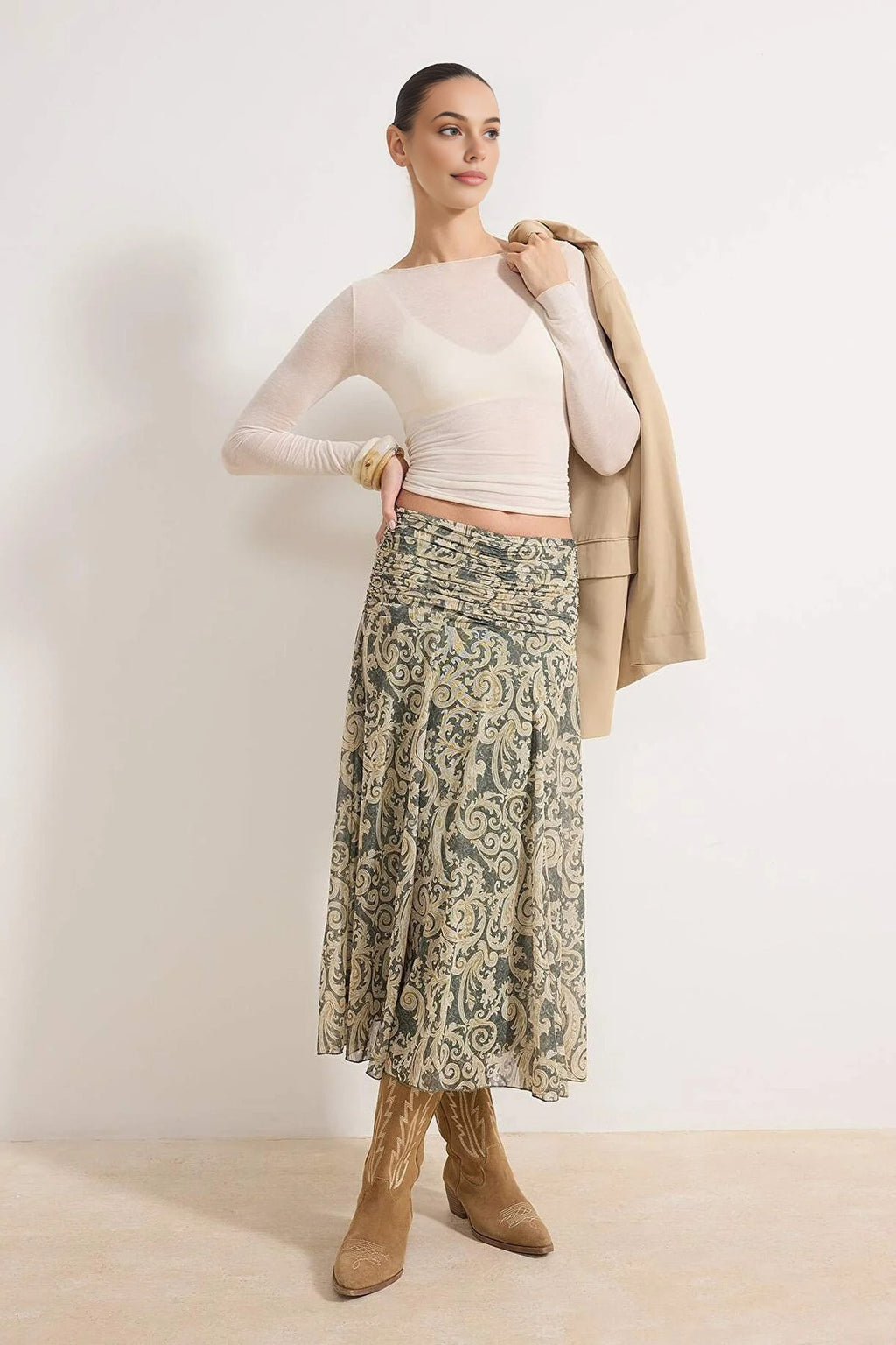 Maxi Gathered Boho Chic Printed Tulle Stretch Knit Skirt