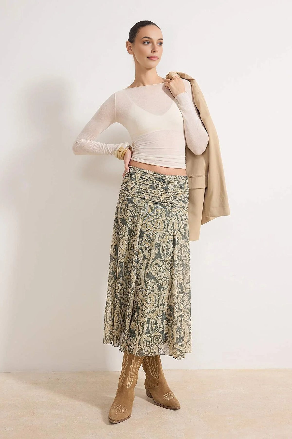 Maxi Gathered Boho Chic Printed Tulle Stretch Knit Skirt