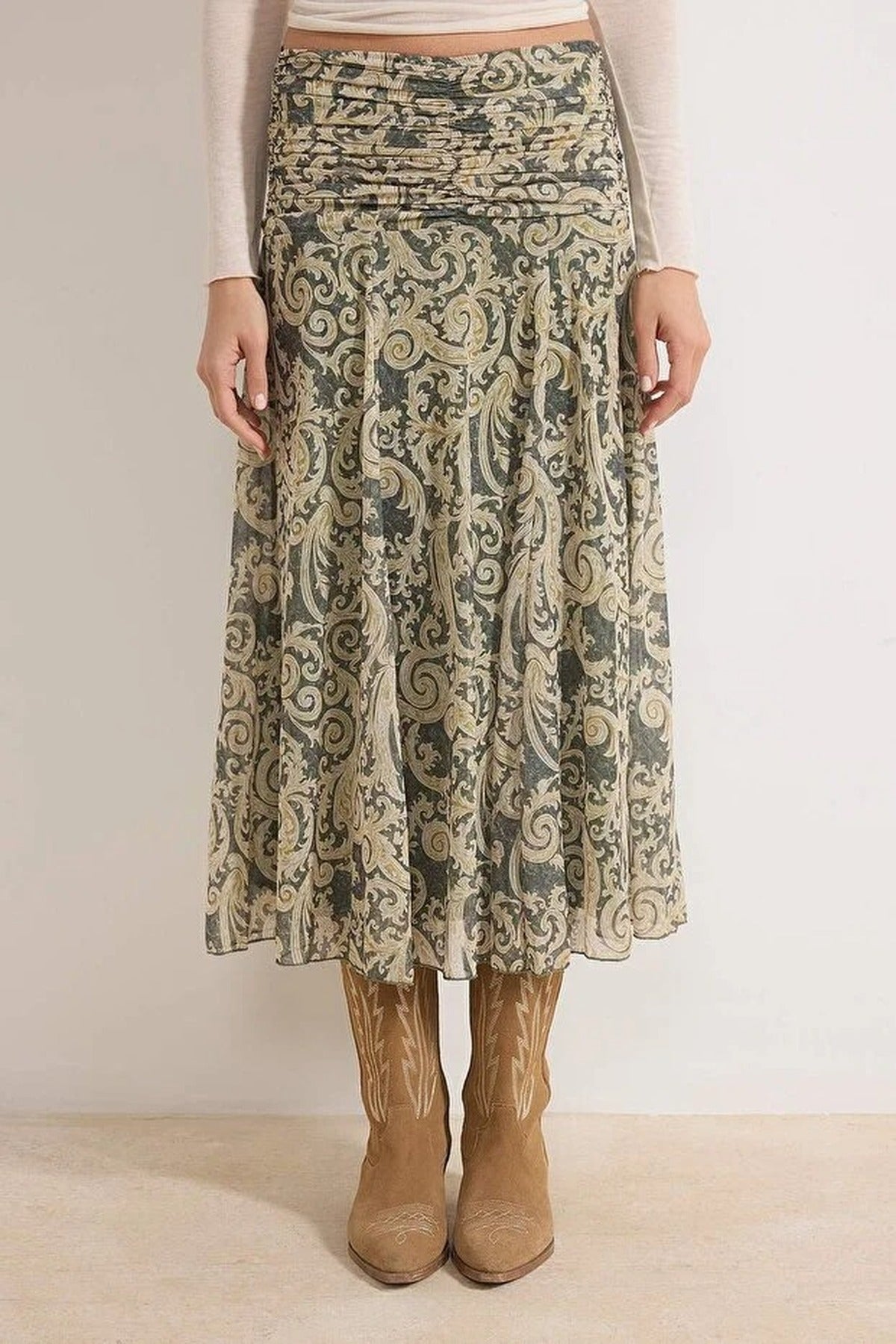 Maxi Gathered Boho Chic Printed Tulle Stretch Knit Skirt