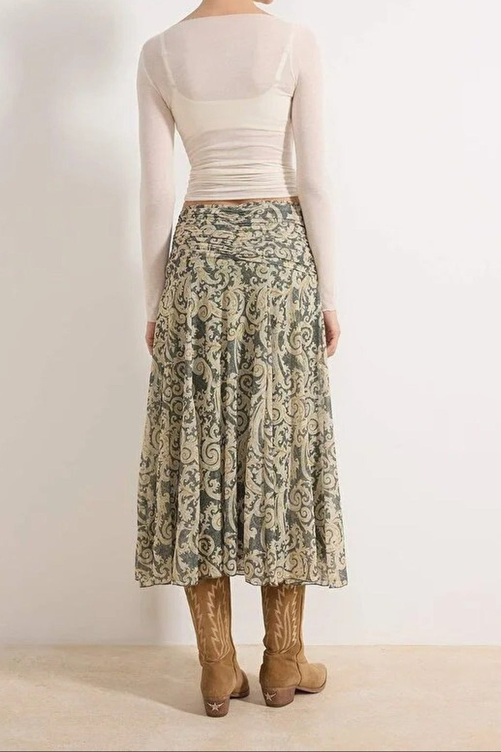 Maxi Gathered Boho Chic Printed Tulle Stretch Knit Skirt