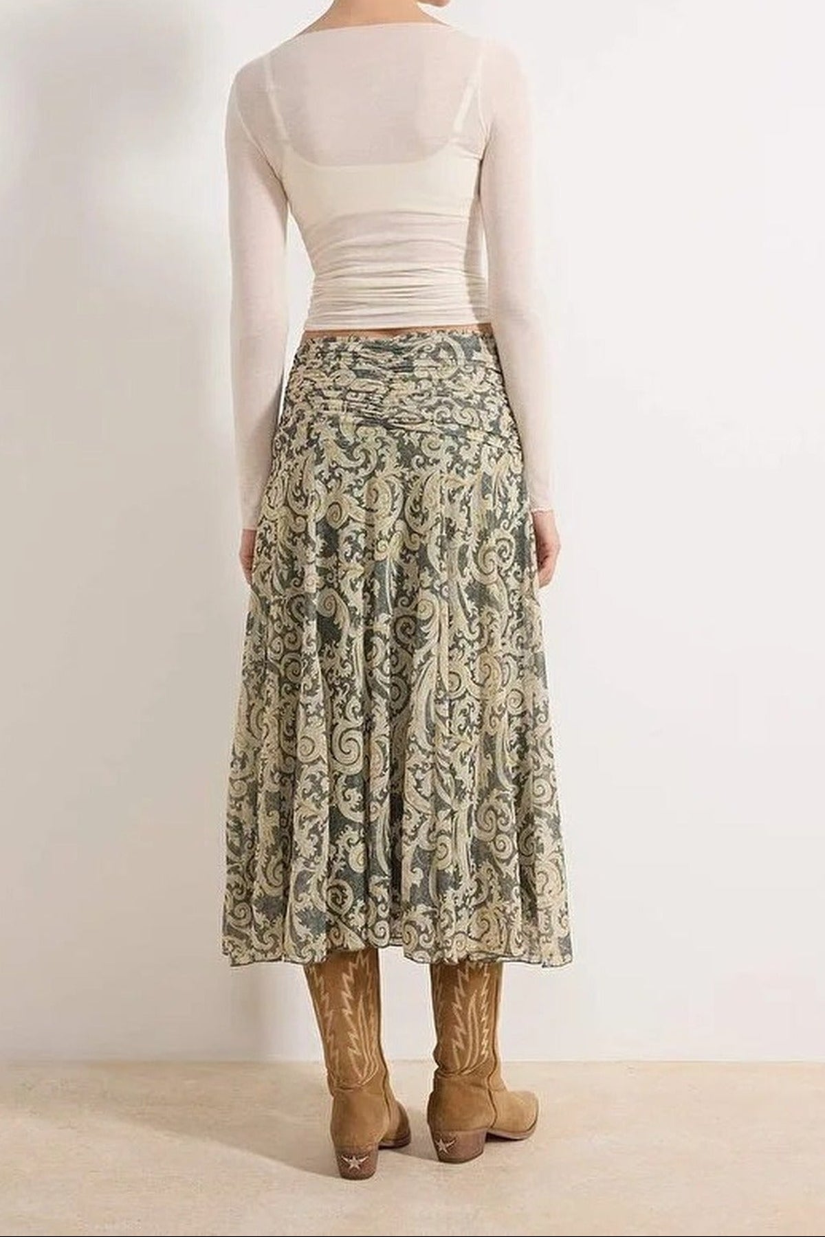 Maxi Gathered Boho Chic Printed Tulle Stretch Knit Skirt