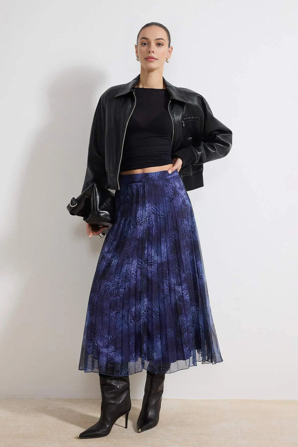 Patterned Lined Chiffon Pleated Midi Skirt