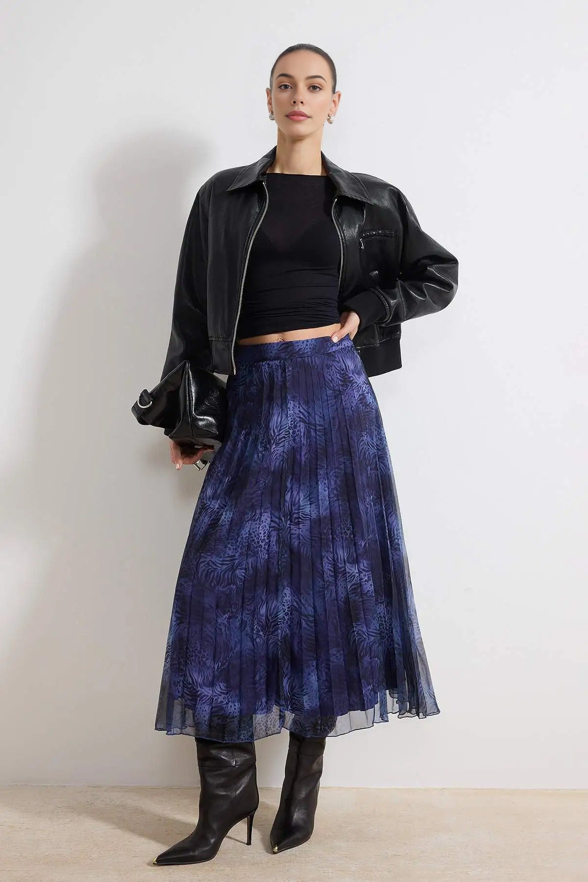 Patterned Lined Chiffon Pleated Midi Skirt