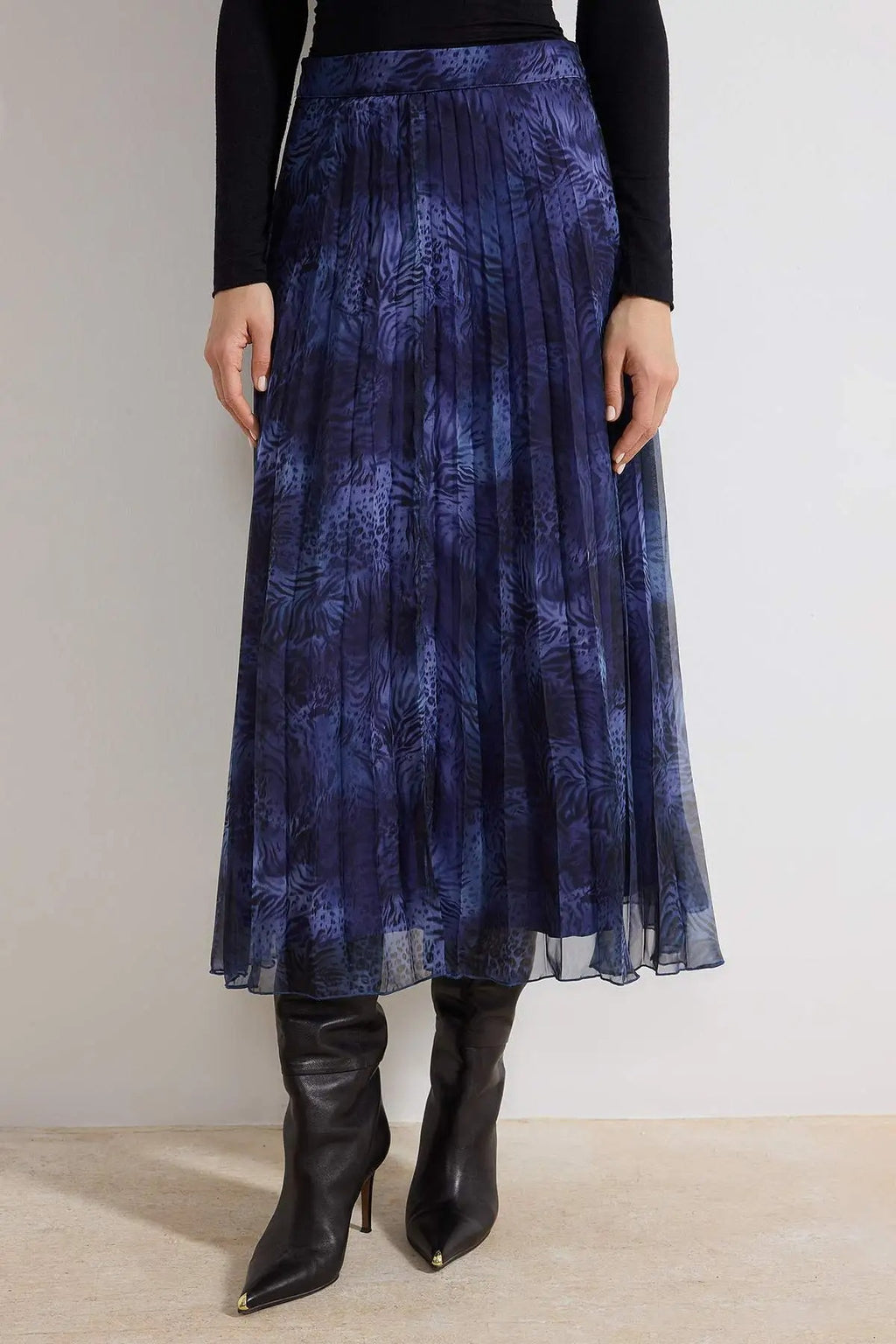 Patterned Lined Chiffon Pleated Midi Skirt