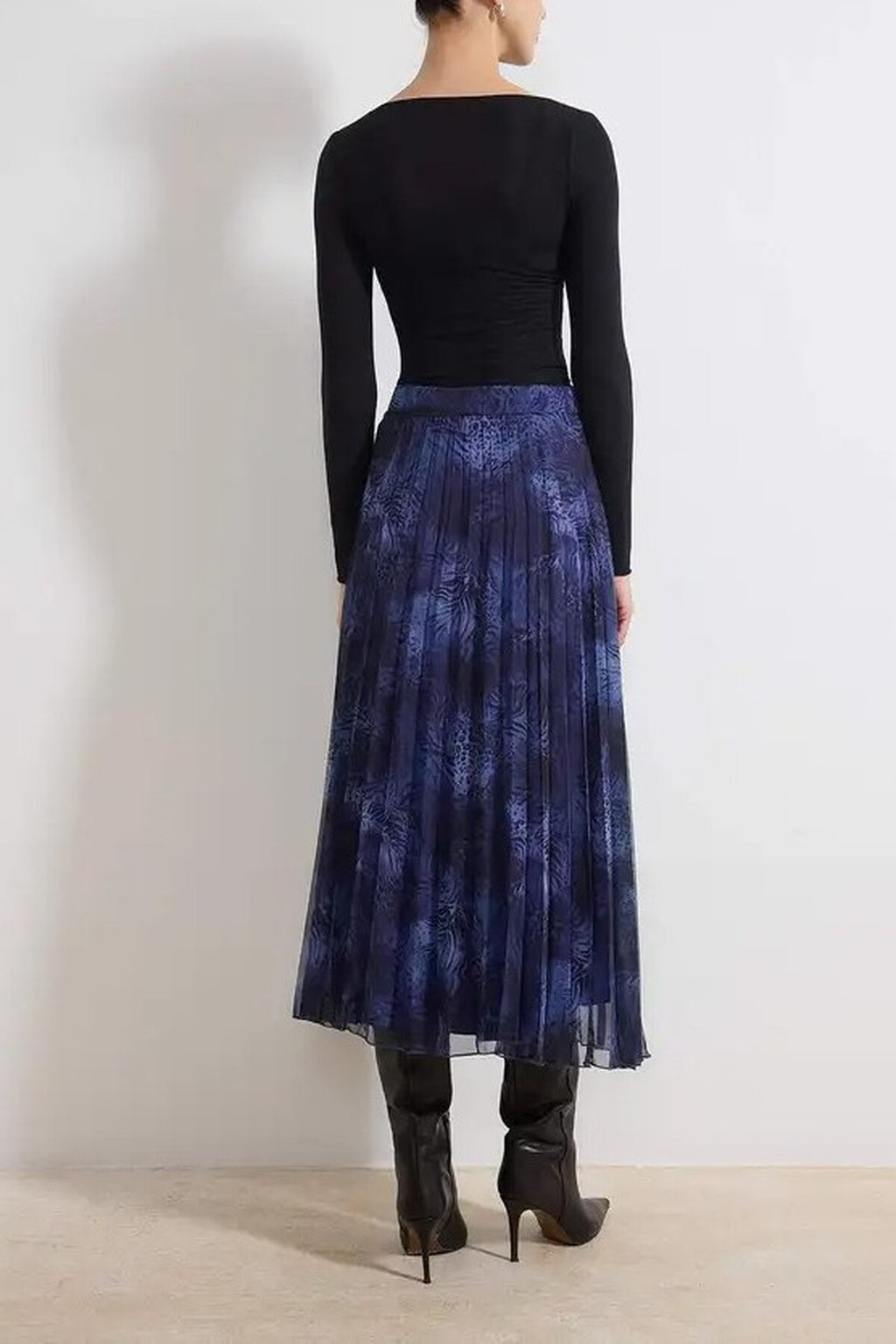 Patterned Lined Chiffon Pleated Midi Skirt