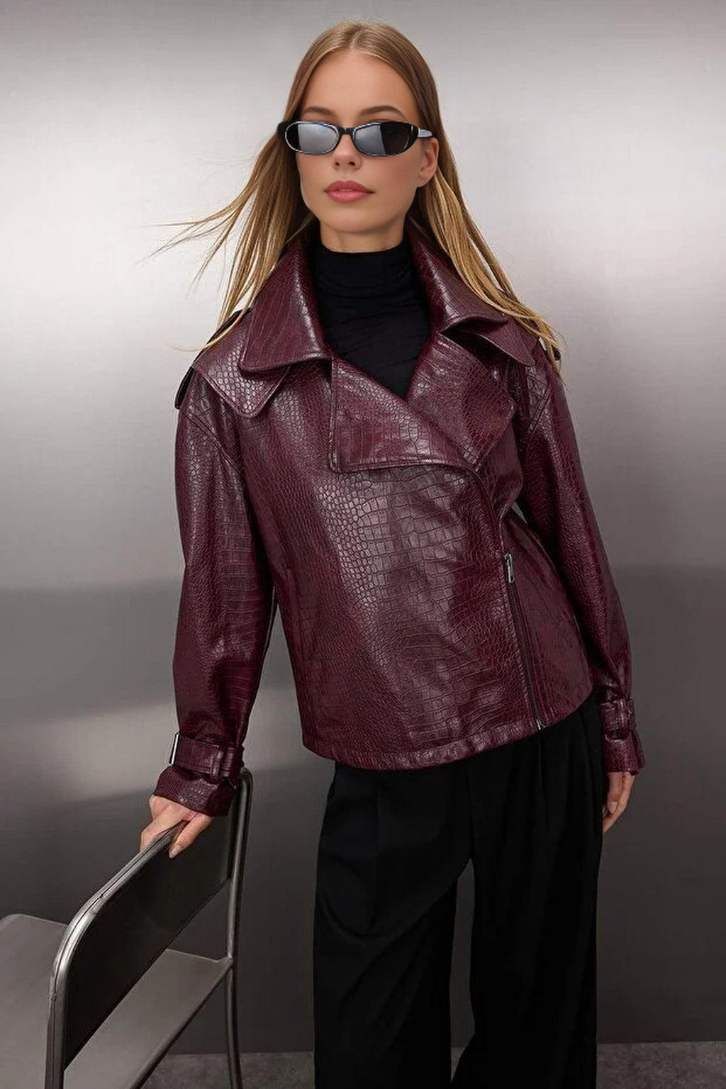 Regular Fit Faux Leather Biker Slim Jacket Coat