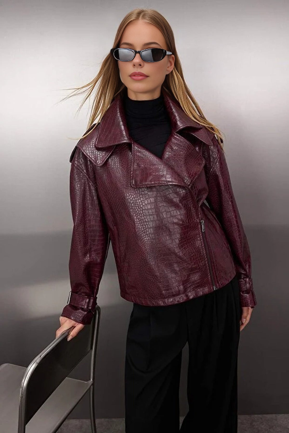 Regular Fit Faux Leather Biker Slim Jacket Coat