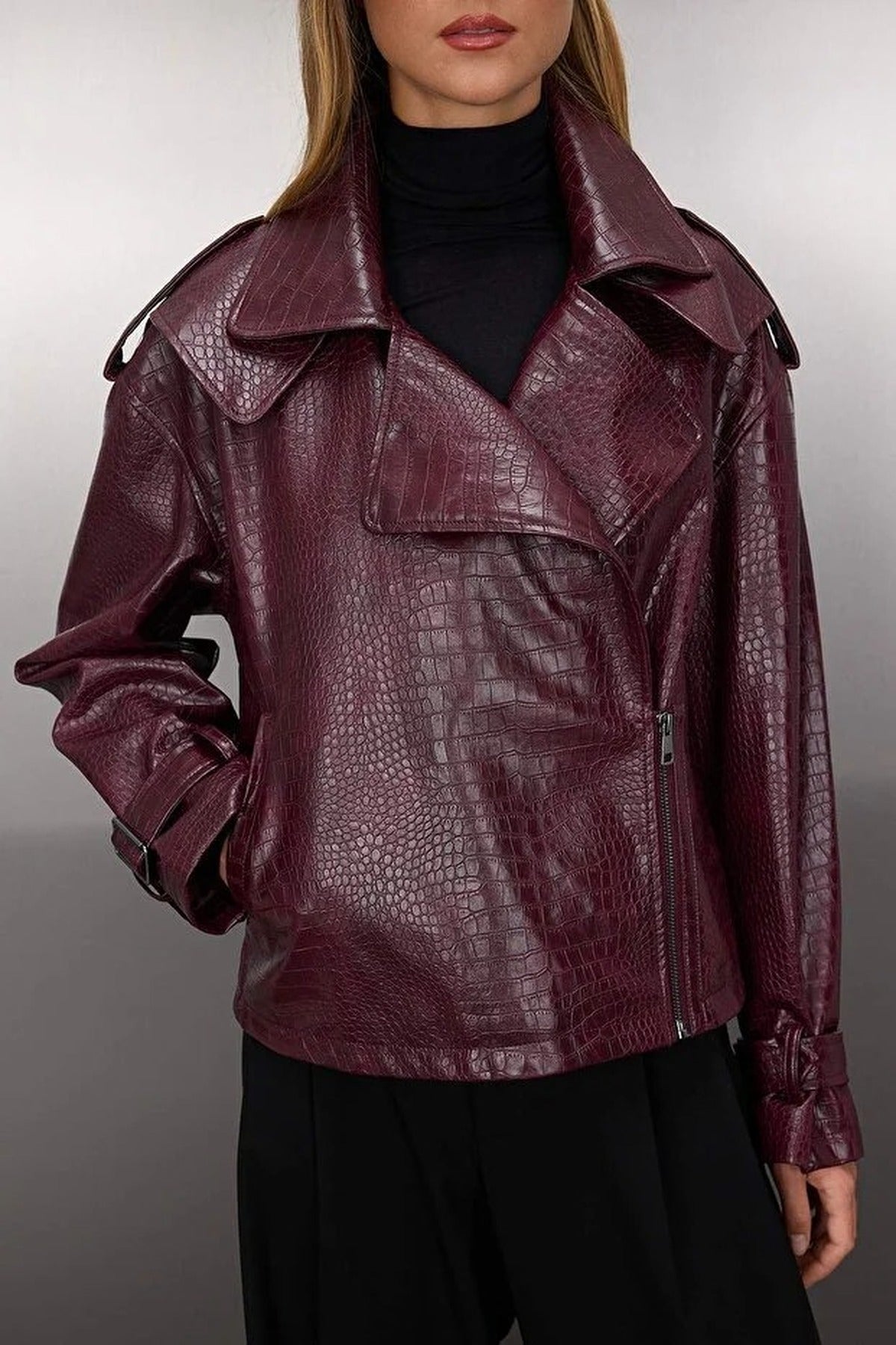 Regular Fit Faux Leather Biker Slim Jacket Coat