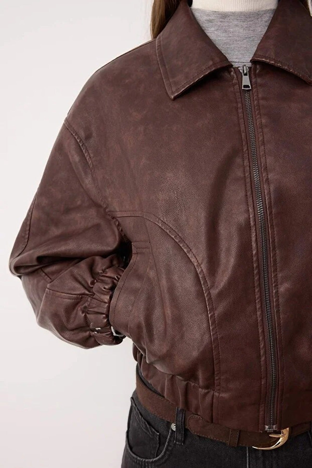 Oversize Fit Faux Leather Quilted Bomber Jacket
